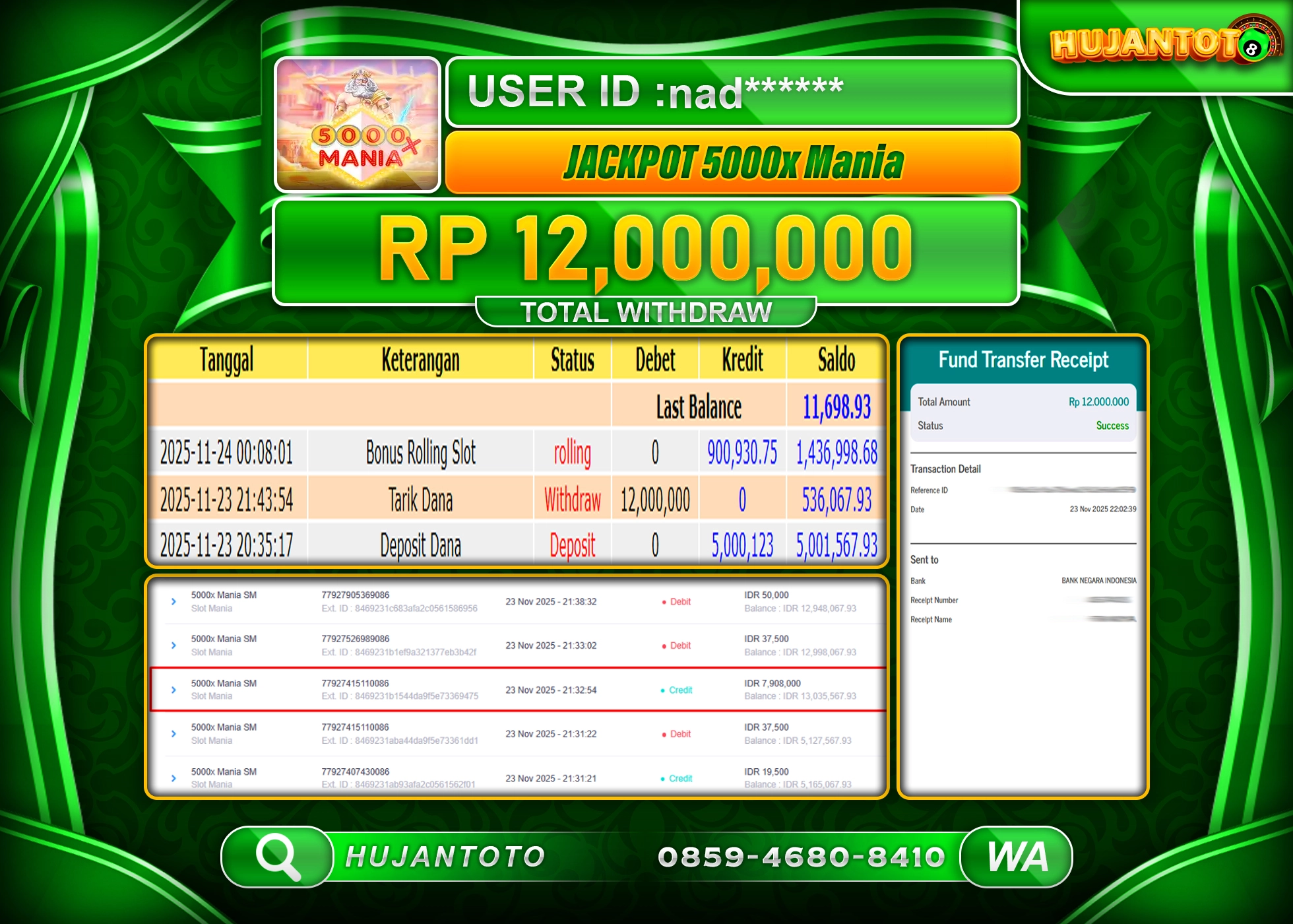 HUJANTOTO - BUKTI JACKPOT MENANG BESAR SLOT 5000 X MANIA Rp.12,000,000 - TERBAYAR LUNAS