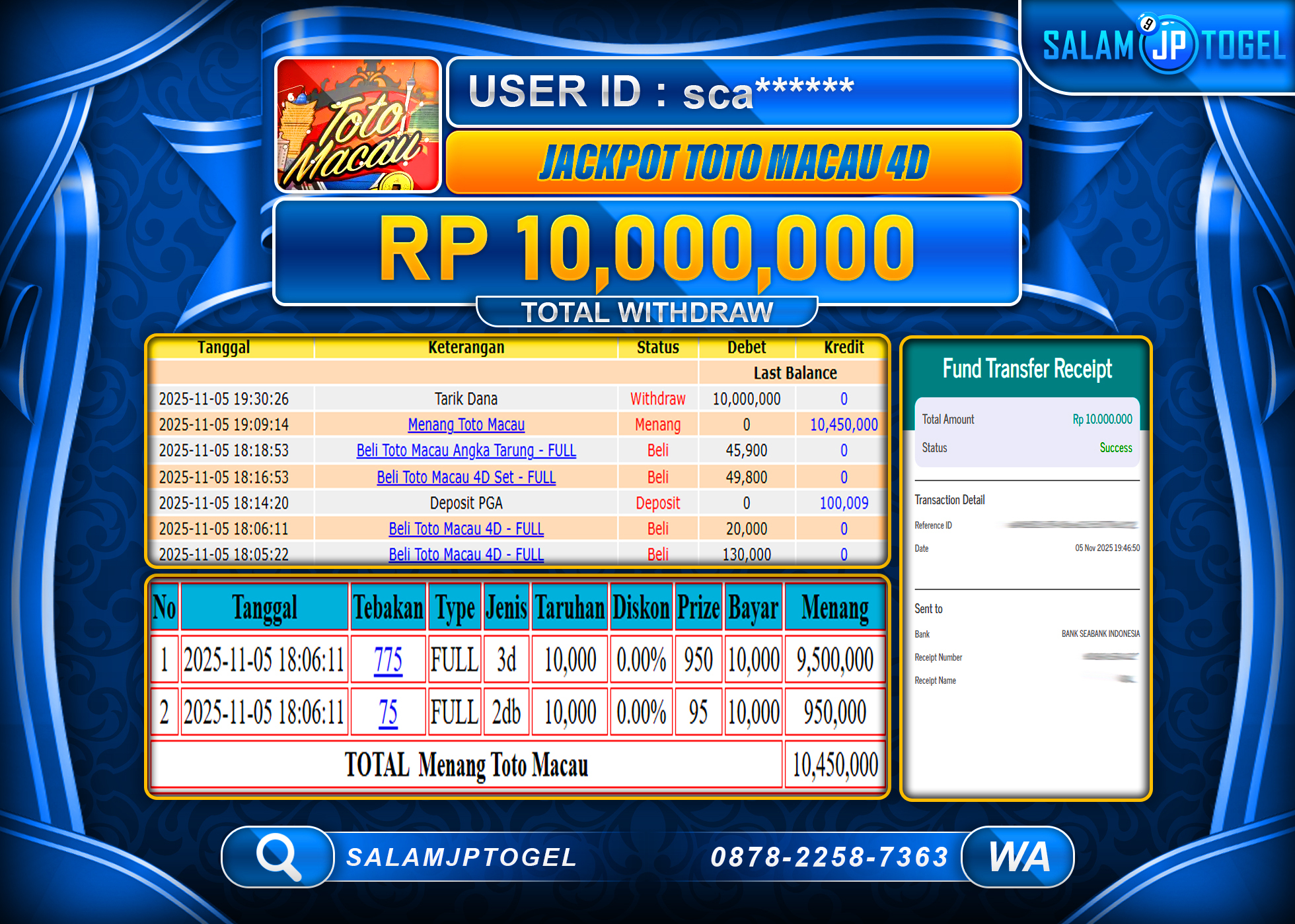 SALAMJPTOGEL JACKPOT DI TOTO MACAU 4D Rp.10,000,000  - LUNAS