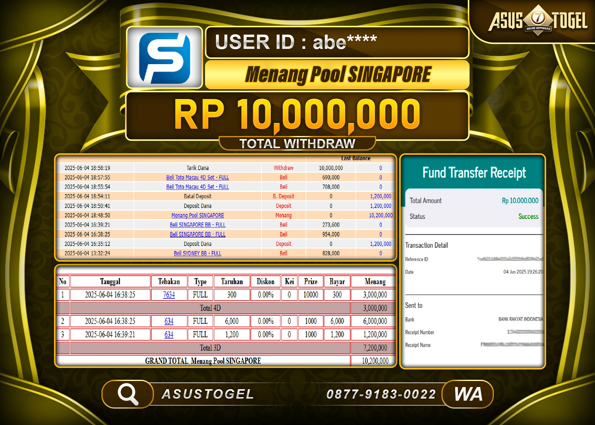   ASUSTOGEL KEMENANGAN DI TOGEL POOL SINGAPORE  SEBESAR 10,000,000- RUPIAH LUNAS
