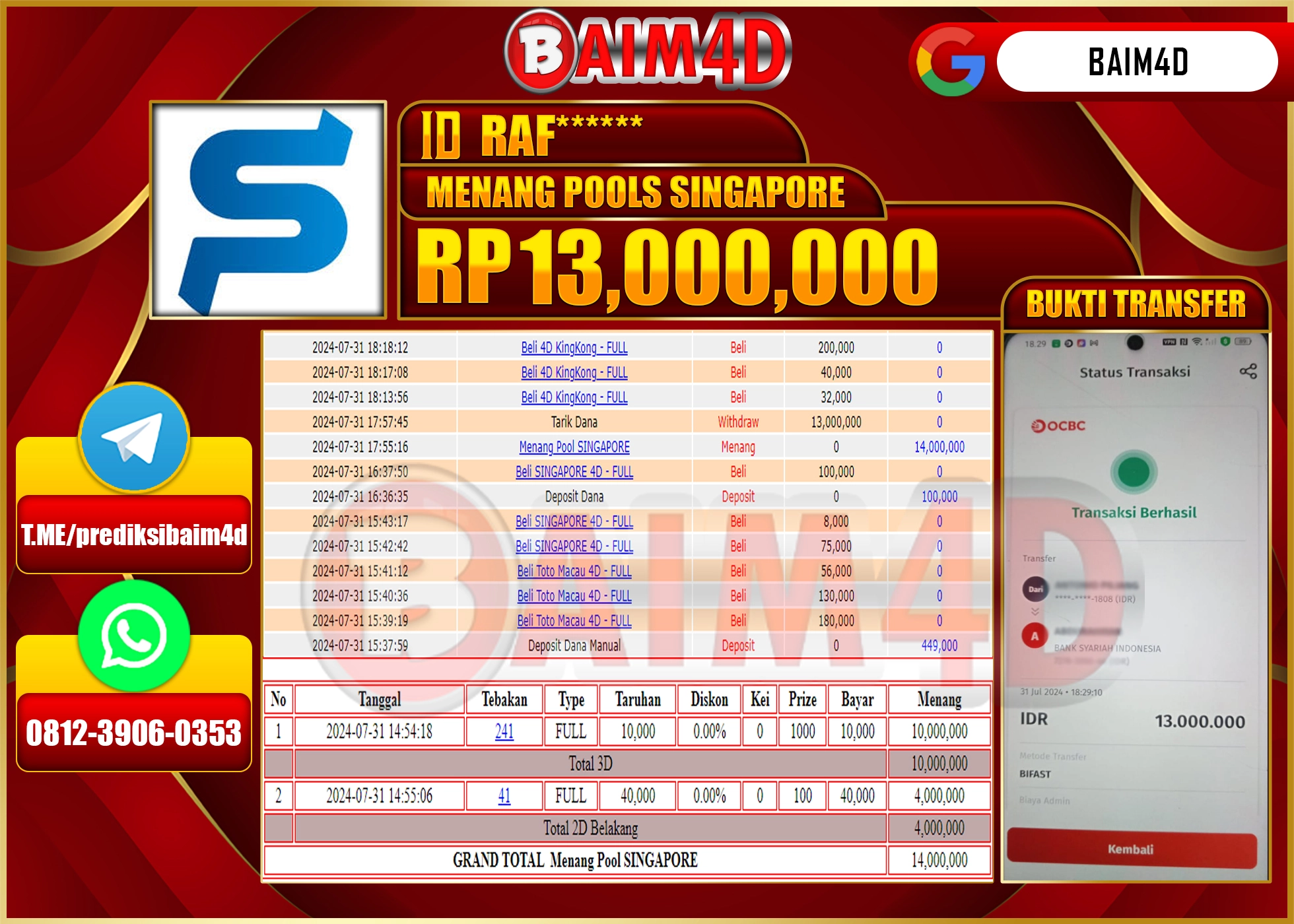 BAIM4D JACKPOT  TOTO SINGAPORE Rp.13.000,000.- LUNAS