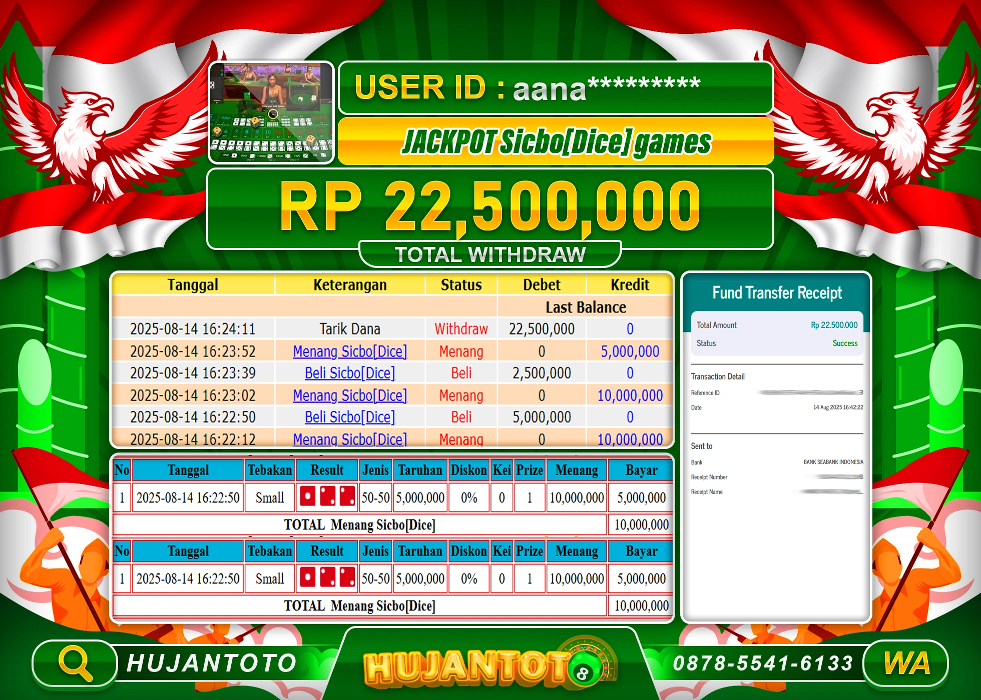 HUJANTOTO - BUKTI JACKPOT MENANG LIVE GAME SICBO DICE GAMES Rp.22,500,000 - TERBAYAR LUNAS