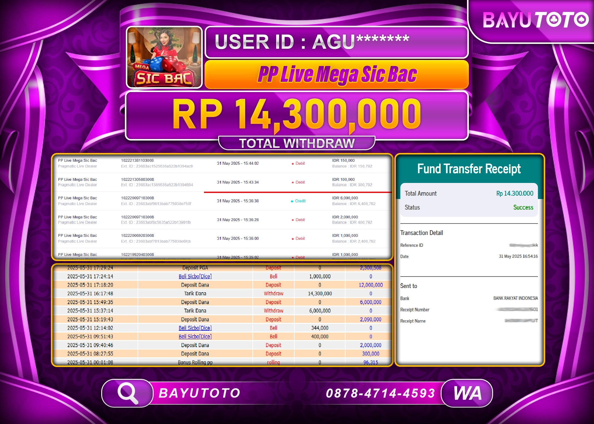 BAYUTOTO JACKPOT DI GAME PP LIVE MEGA SIC BACRp.14,300,000 LUNAS