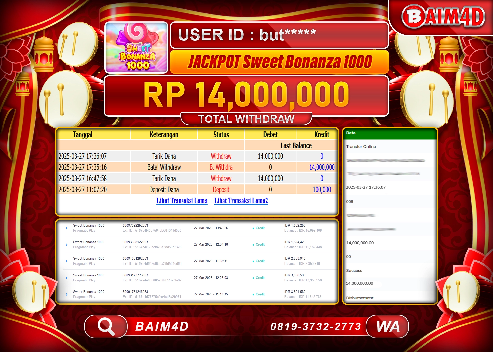 BAIM4D  MENANG JACKPOT Sweet Bonanza  1000 Rp.14.000,000.- LUNAS