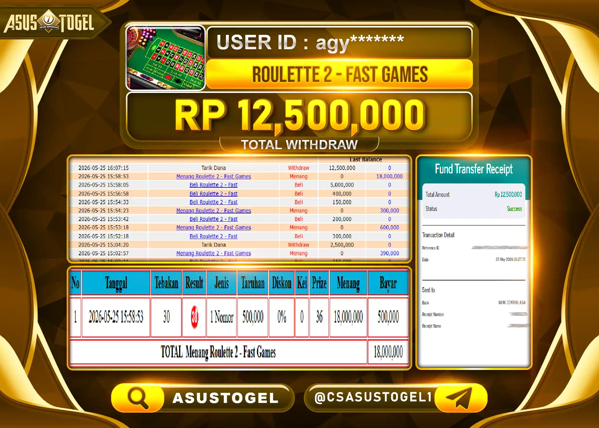ASUSTOGEL KEMENANGAN JACKPOT PERMAINAN LIVE GAME Roulette 2 - Fast Games Rp.12,500,000 - RUPIAH LUNAS