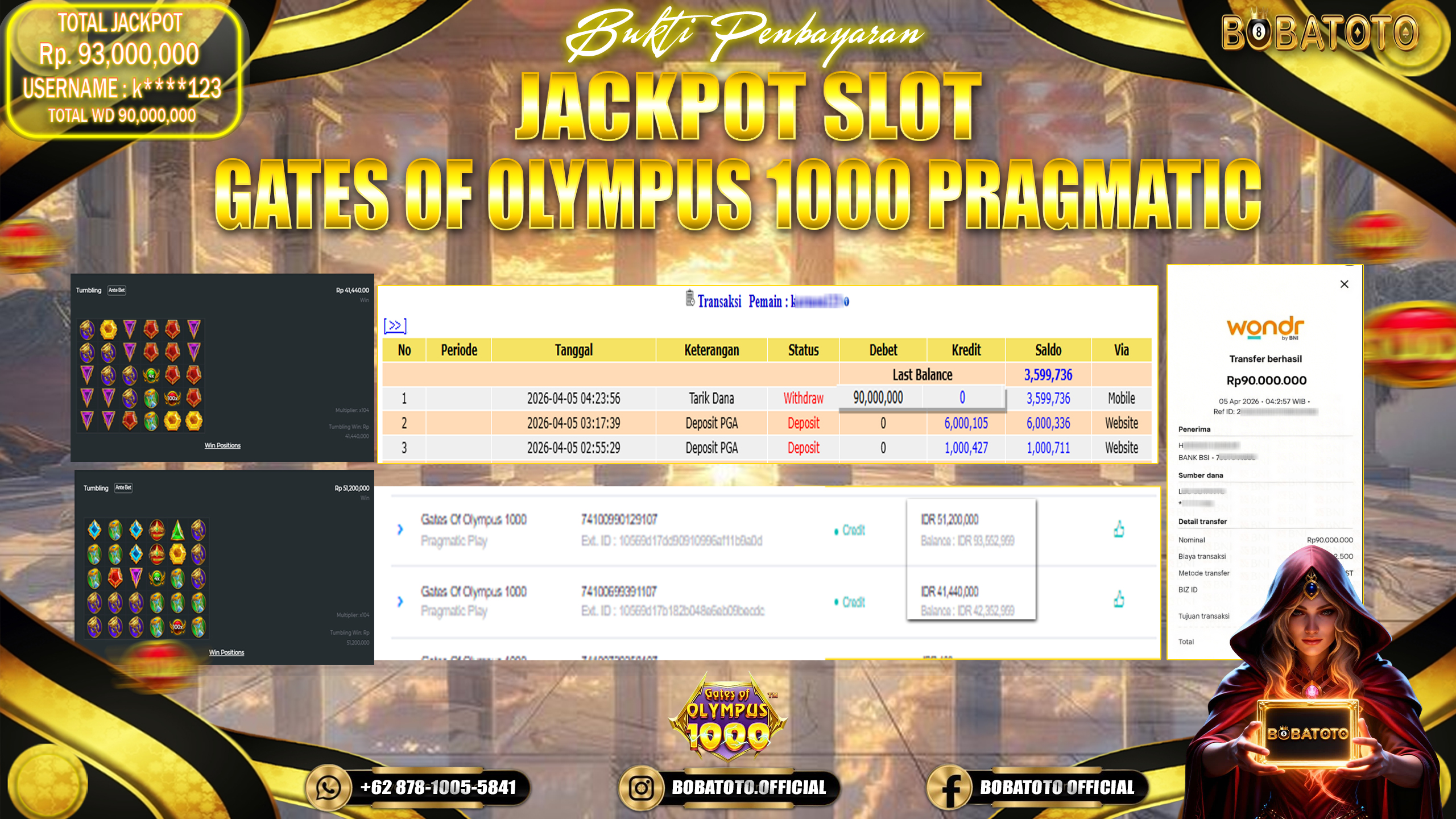 BOBATOTO JACKPOT SLOT PRAGMATIC GATES OF OLYMPUS 1000 Rp.93,000,000,- LUNAS!!