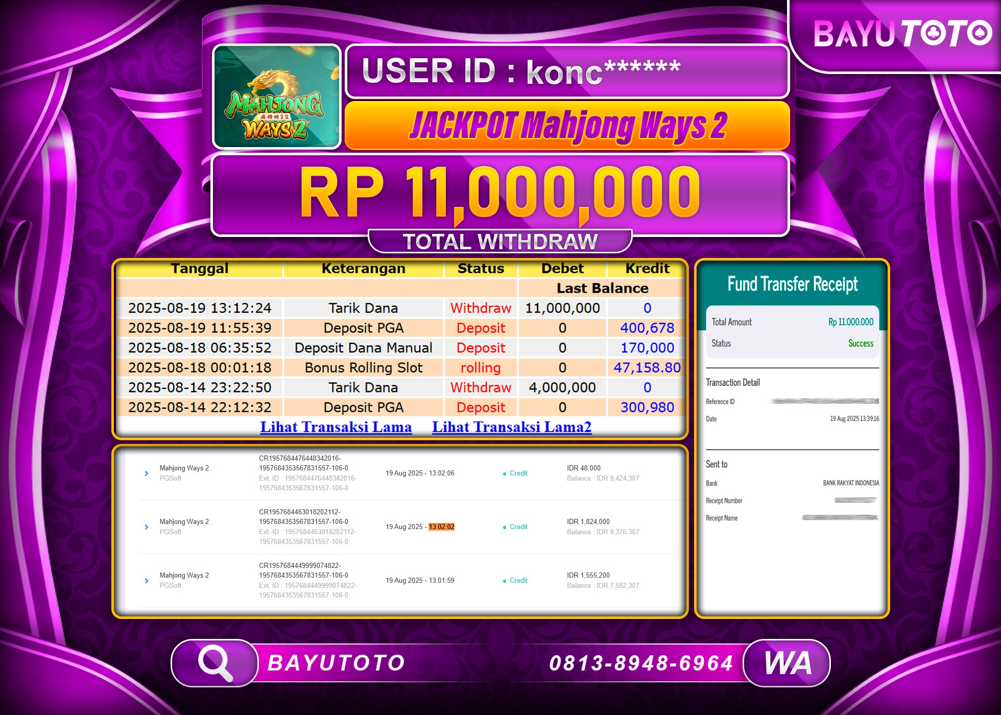 BAYUTOTO JACKPOT DI PG SOFT SLOT MAHJONG WAYS 2 Rp.11,000,000 LUNAS