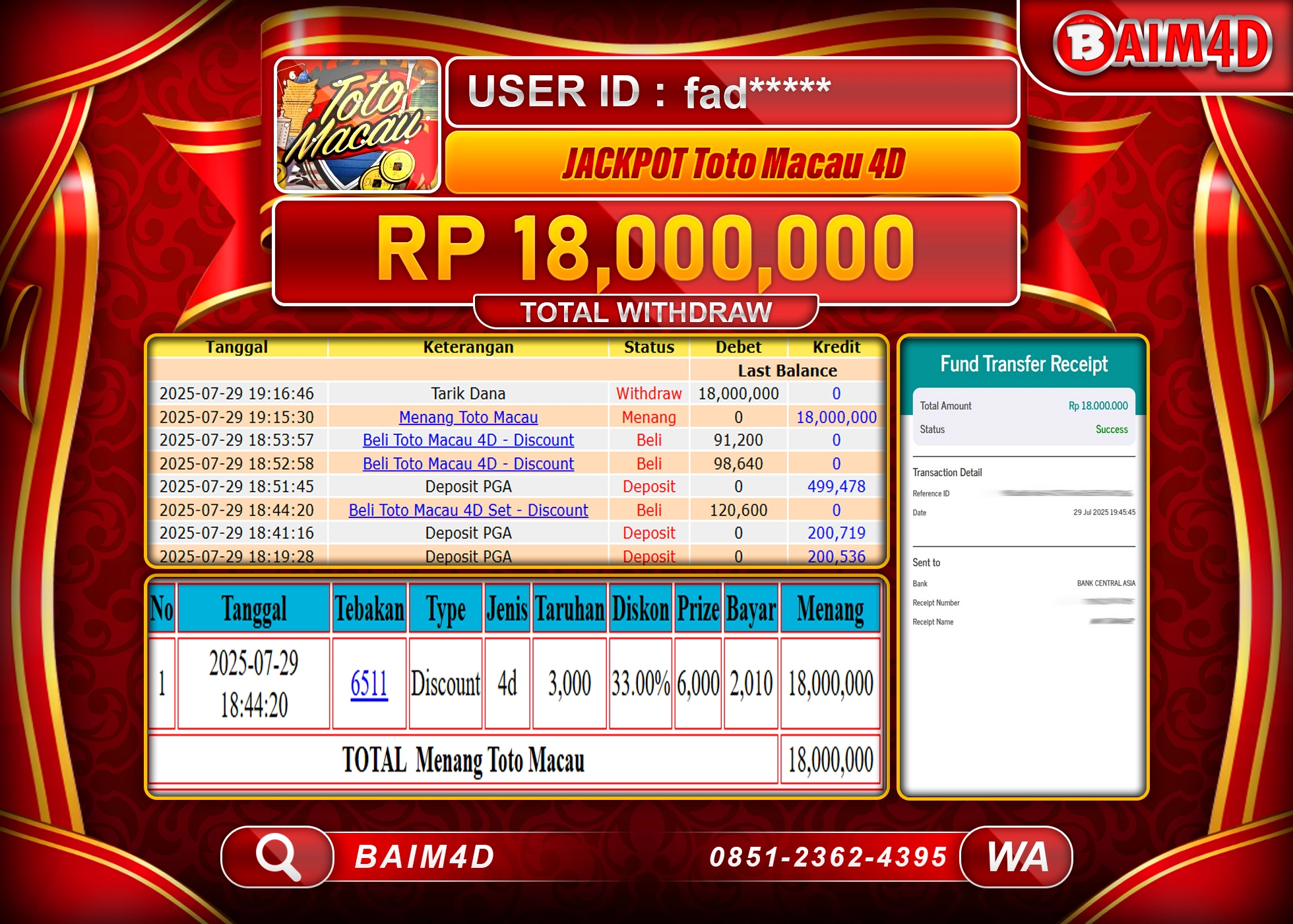 BAIM4D JACKPOT TOTO MACAU 4D Rp.18,000,000.- LUNAS