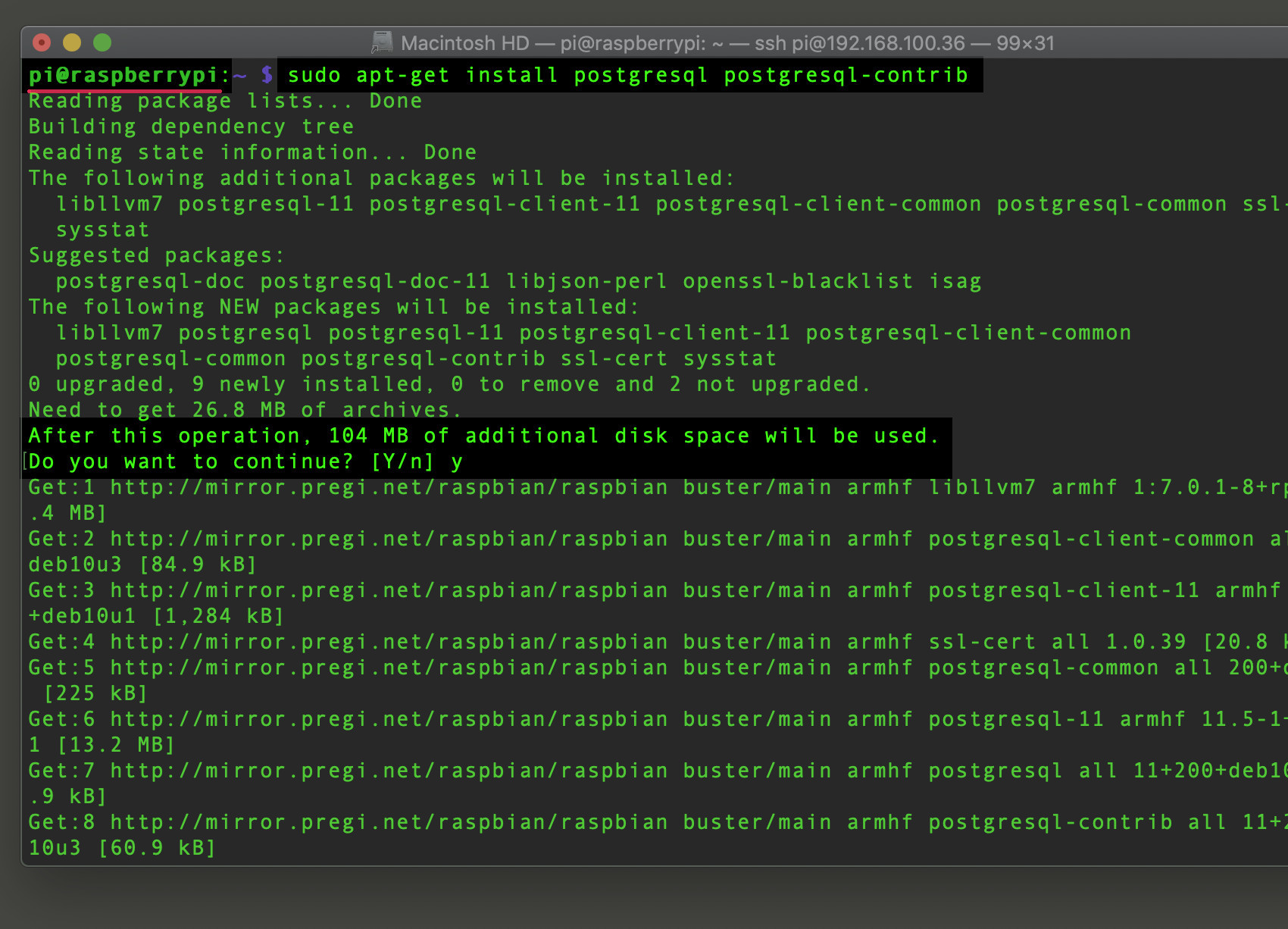 Screenshot of installing PostgreSQL on the Raspberry Pi with APT repository