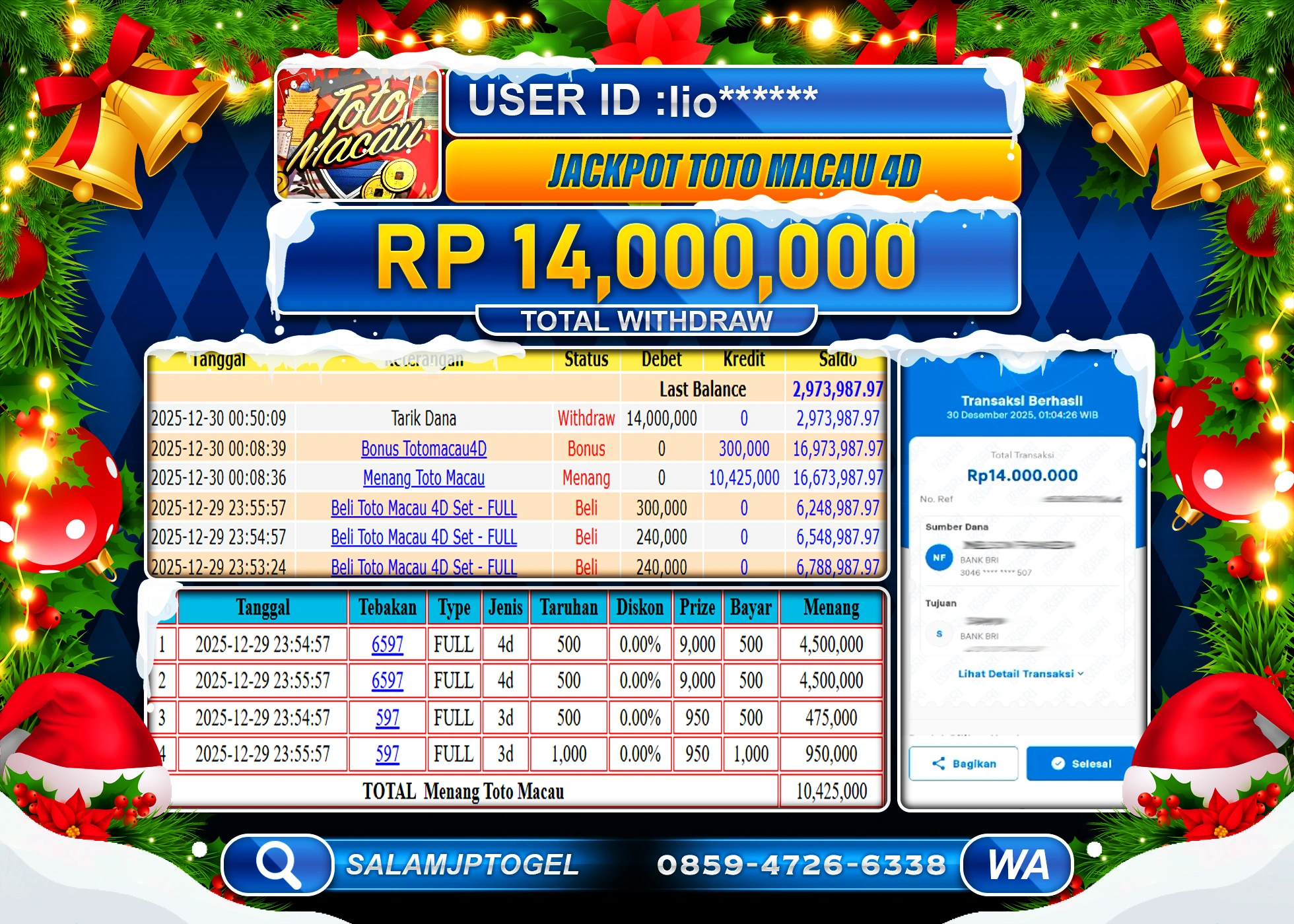 SALAMJPTOGEL JACKPOT TOGEL TOTO MACAU 4D Rp.14,000,000 - LUNAS