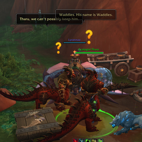 WoW Screenshot, Tharu and Iskha receiving a bubbled duckling