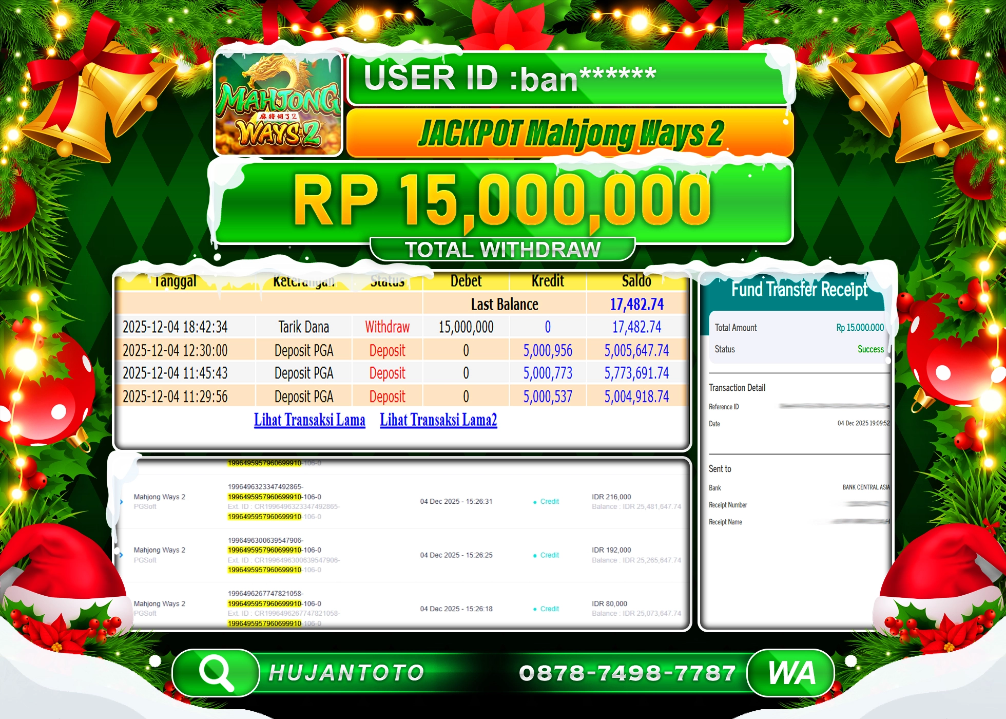 HUJANTOTO - BUKTI JACKPOT MENANG SLOT MAHJONG WAYS 2 PGSOFT Rp.15,000,000 - TERBAYAR LUNAS