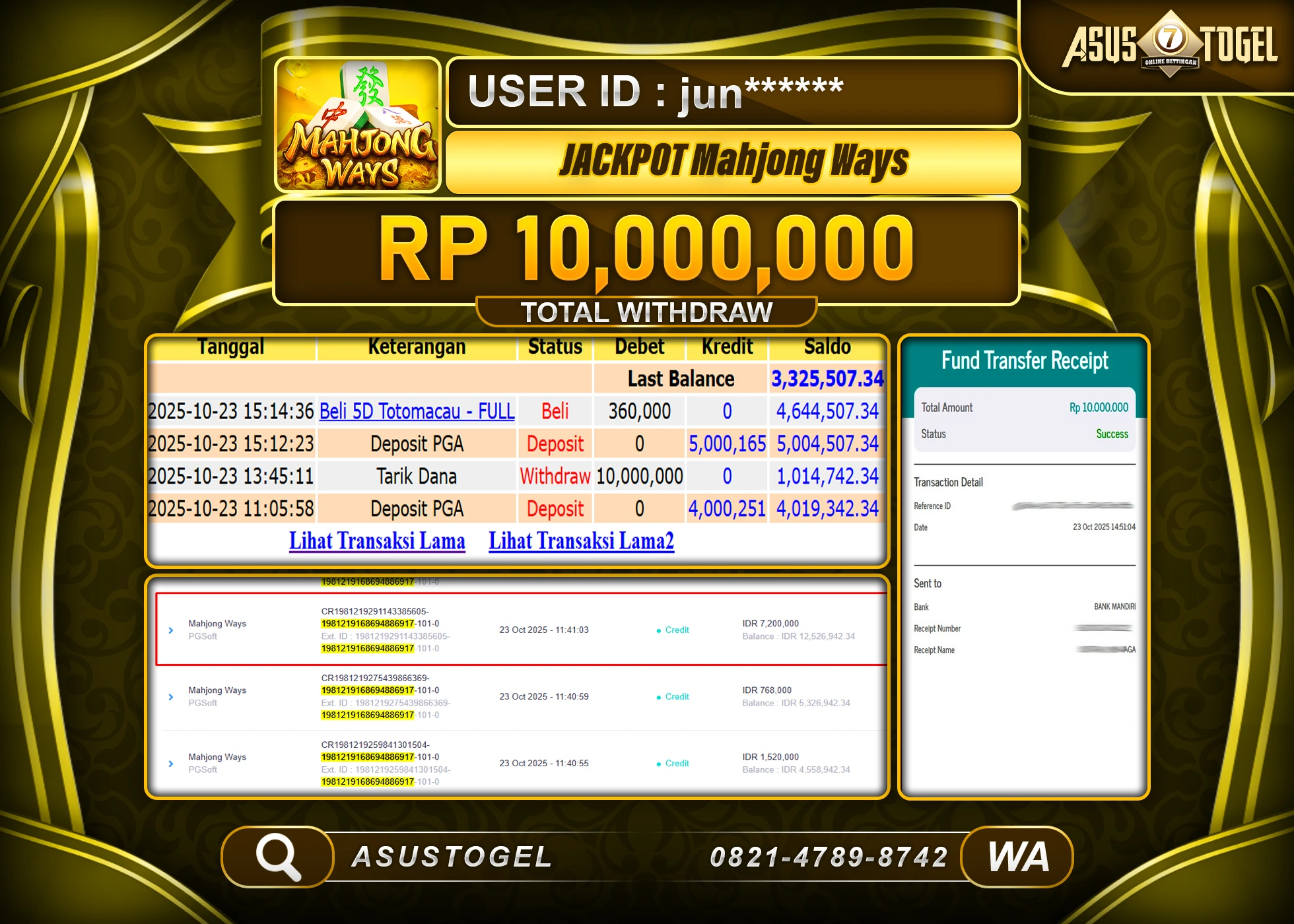 ASUSTOGEL KEMENANGAN DI SLOT MAHJONG WAYS SEBESAR 10,000,000- RUPIAH LUNAS !