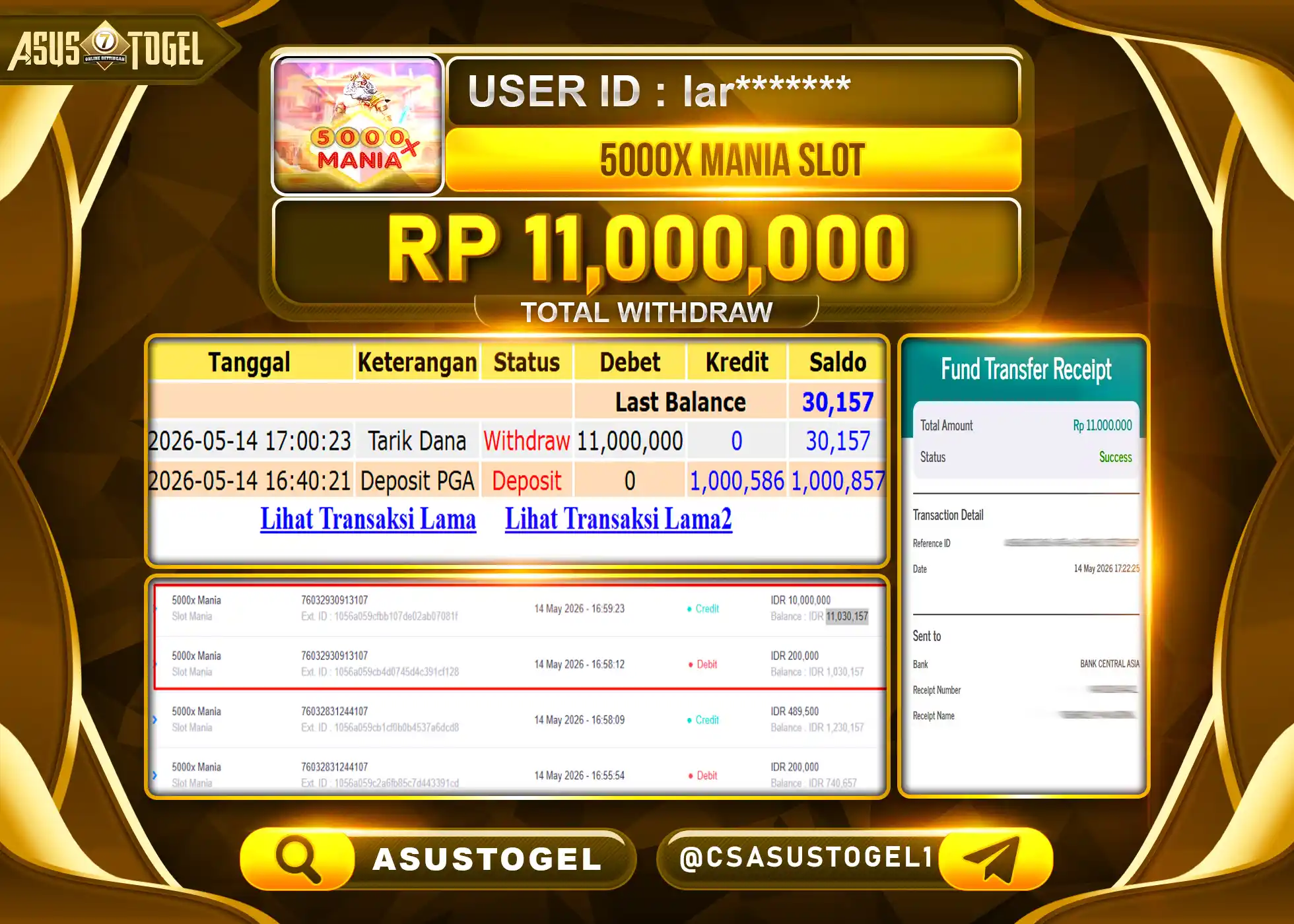 ASUSTOGEL KEMENANGAN JACKPOT DI PERMAINAN 5000X MANIA SLOT SEBESAR Rp.11,000,000 - RUPIAH LUNAS