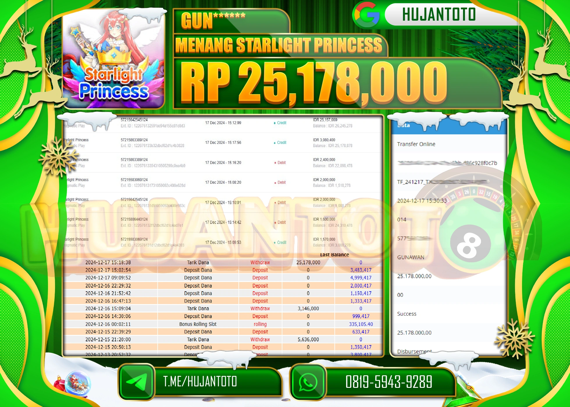 HUJANTOTO ATAS KEMENANGAN BESAR YANG DI RAIH DI PERMAINA SLOT STARLIGHT PRINCESS- 25,178,000 - TERBAYAR LUNAS