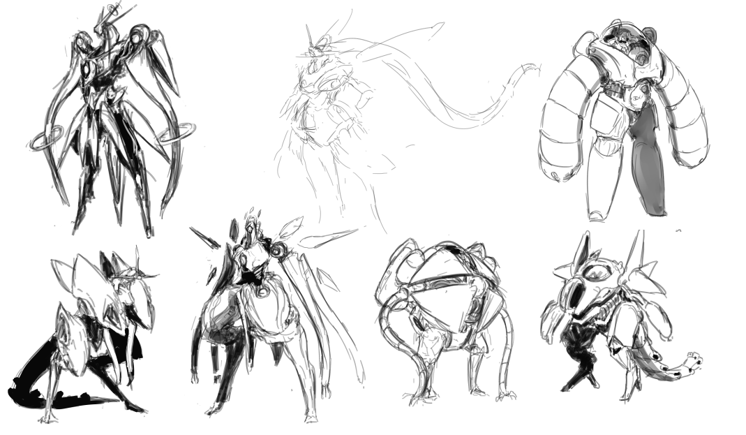 development sketches for the Engines done for Girl by Moonlight. There are 3 designs in a rough state. The entire top row and the second in from the second row are approximations of the designs in the final illustrations.