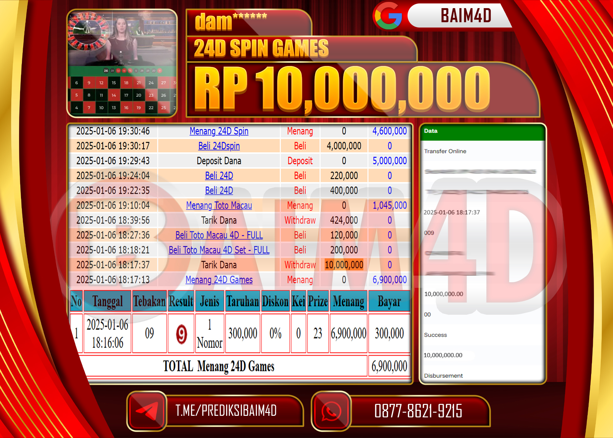BAIM4D JACKPOT Menang 24D Games 1000 Rp.10,000,000.- LUNAS