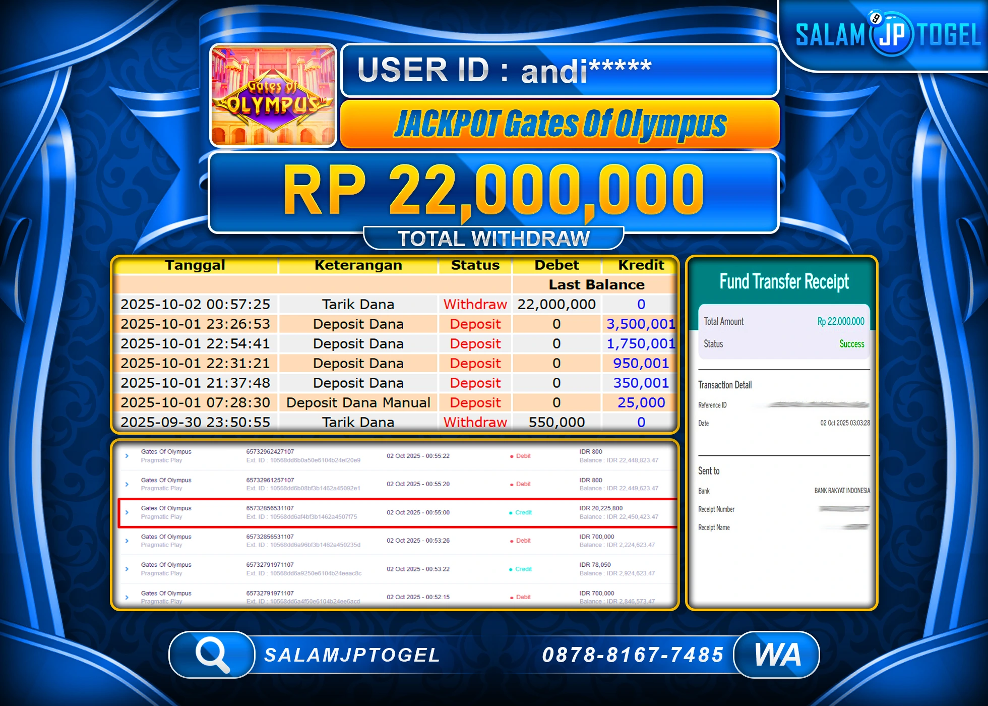 SALAMJPTOGEL MENANG GATES OF OLYMPUS RP. 22,000,000, - LUNAS