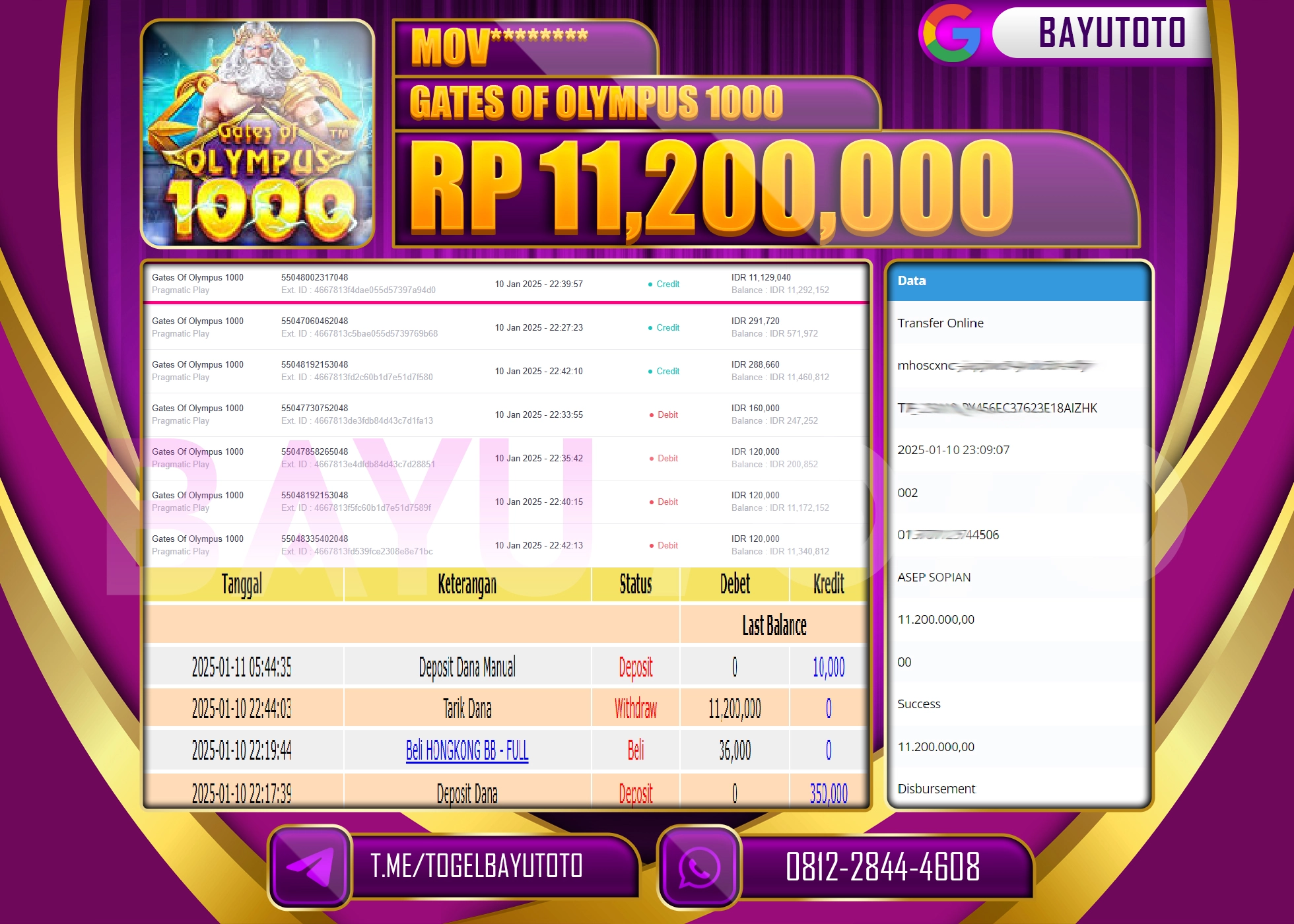 BAYUTOTO JACKPOT  DI  SLOT GATES OF OLYMPUS 1000 Rp.11.200.000 LUNAS