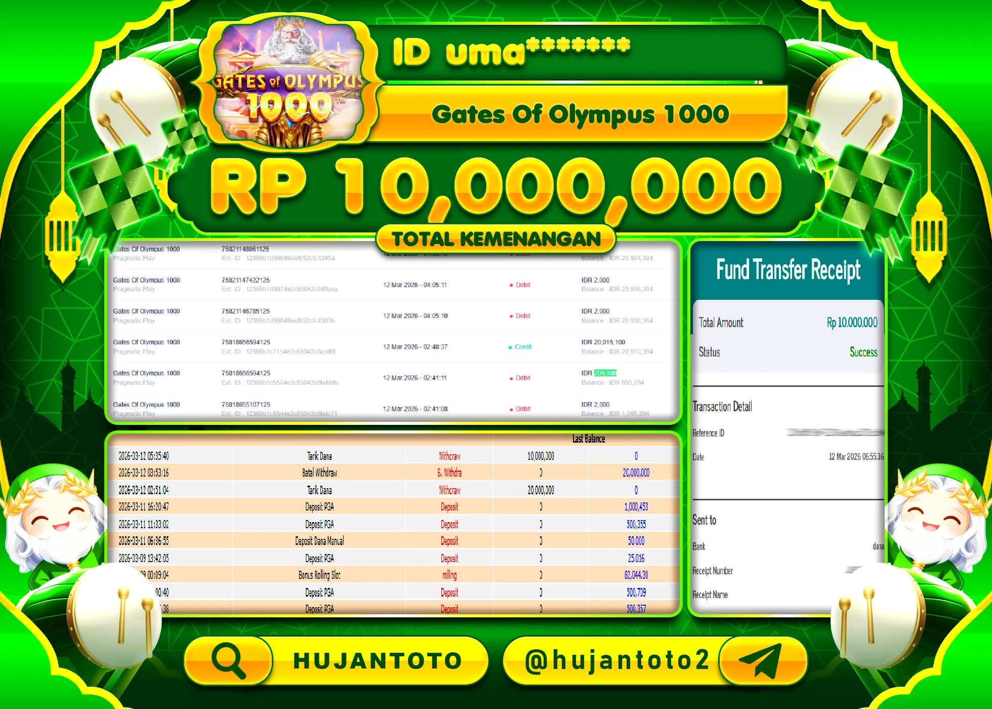 HUJANTOTO - BUKTI JACKPOT MENANG SLOT GATES OF OLYMPUS 1000 Rp.10,000,000 - TERBAYAR LUNAS