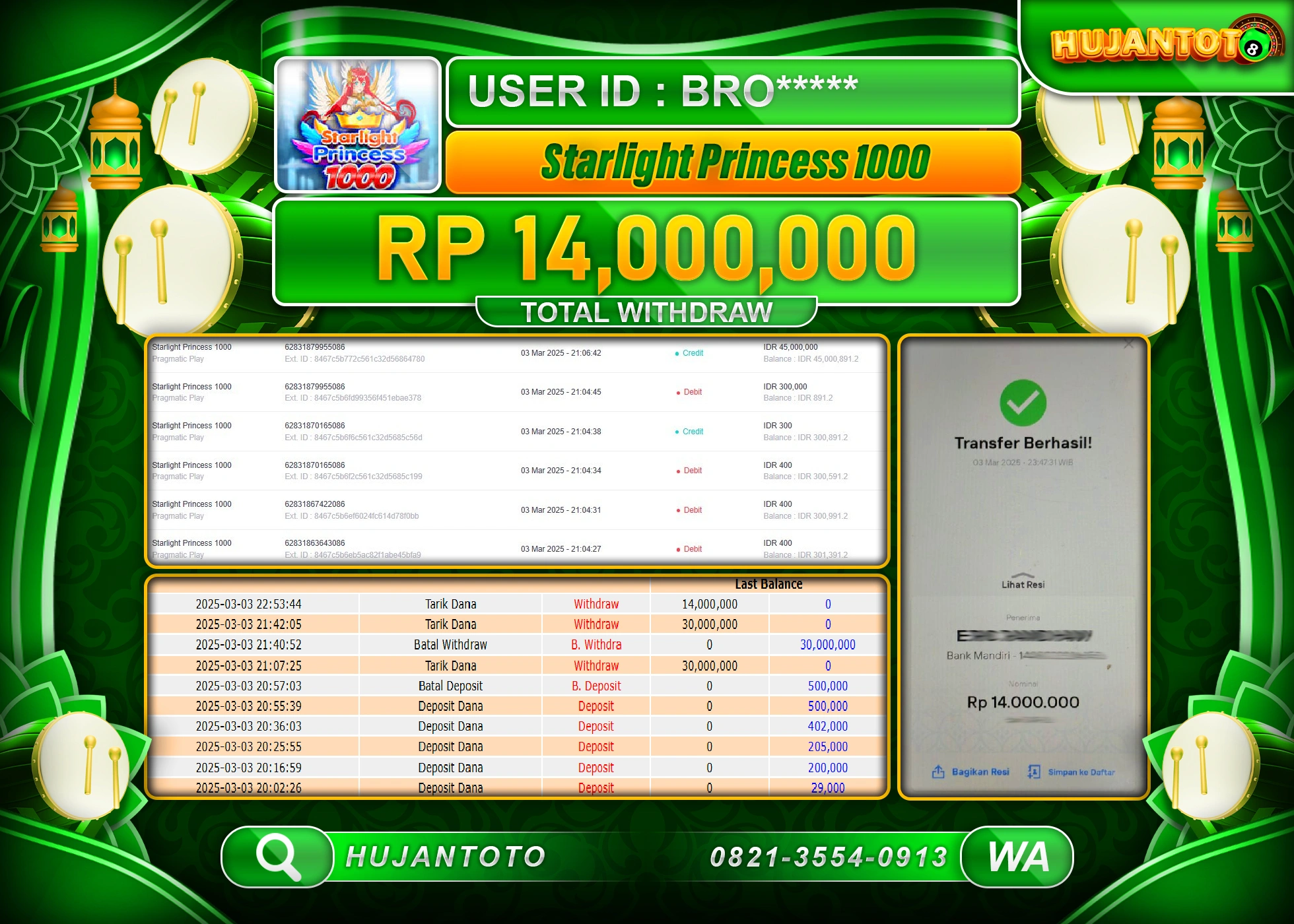 HUJANTOTO - BUKTI JACKPOT MENANG SLOT PRAGMATIC STARLIGHT PRINCESS 1000 Rp,14,000,000 - TERBAYAR LUNAS