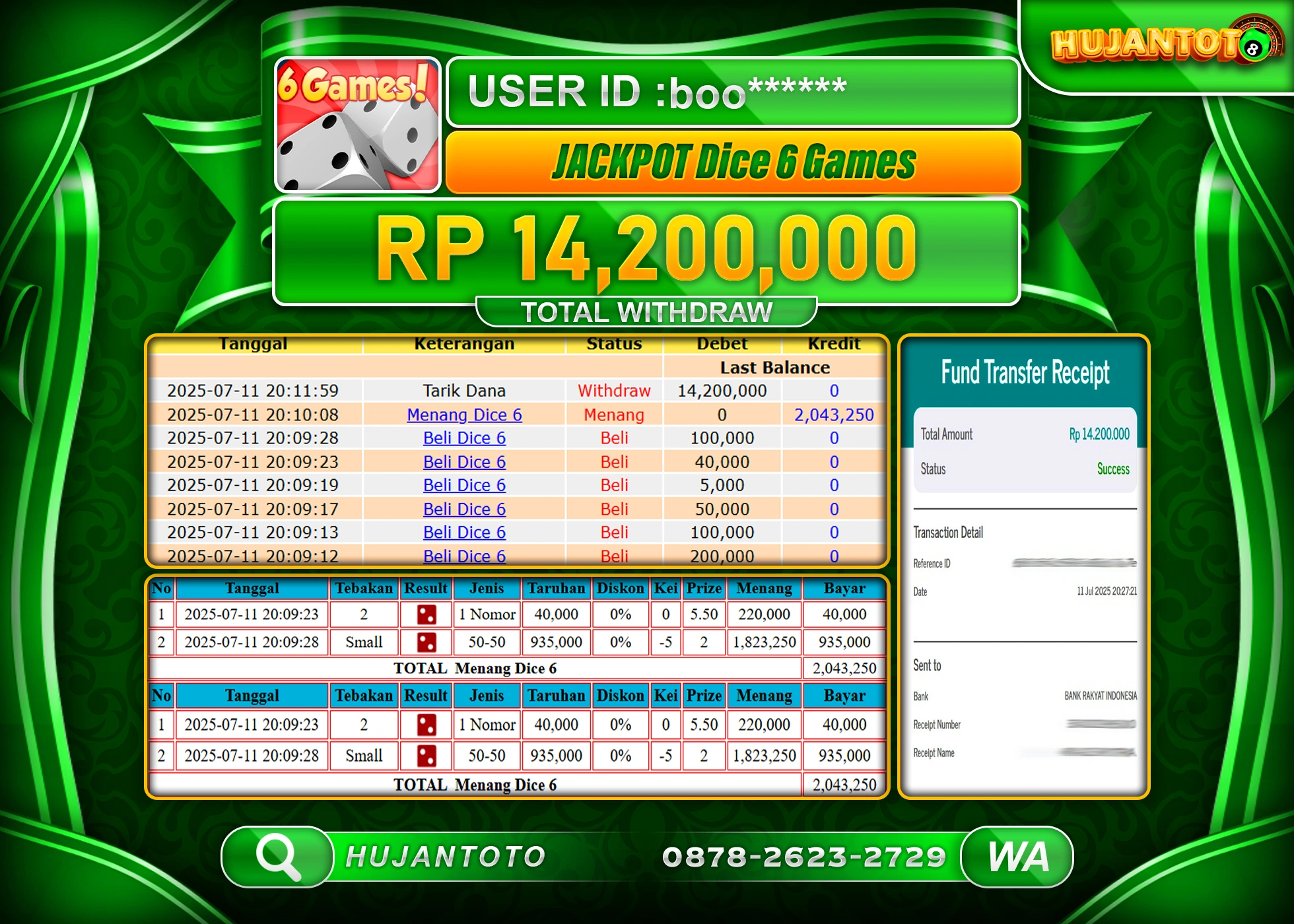 HUJANTOTO - BUKTI JACKPOT MENANG LIVE GAME DICE 6 GAMES Rp.14,200,000 - TERBAYAR LUNAS