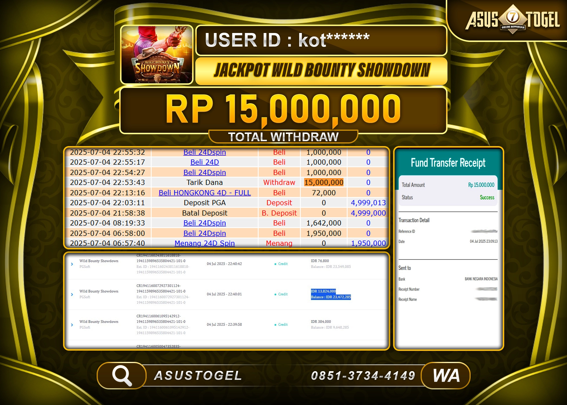 ASUSTOGEL KEMENANGAN DI SLOT WILD BOUNTY SHOWDOWN SEBESAR 15,000,000- RUPIAH LUNAS