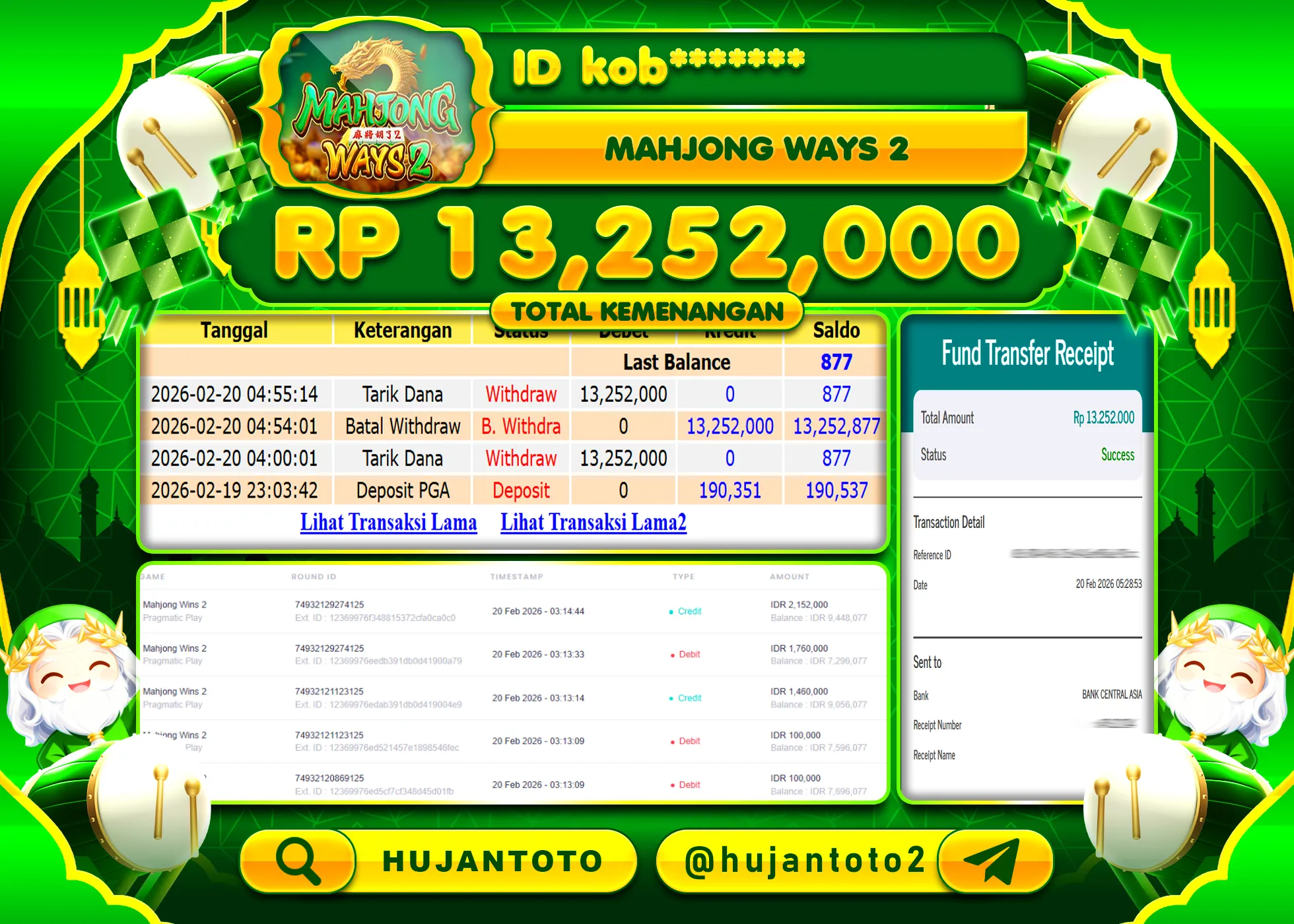 HUJANTOTO - BUKTI JACKPOT MENANG SLOT MAHJONG WAYS 2 Rp.13,252,000 - TERBAYAR LUNAS