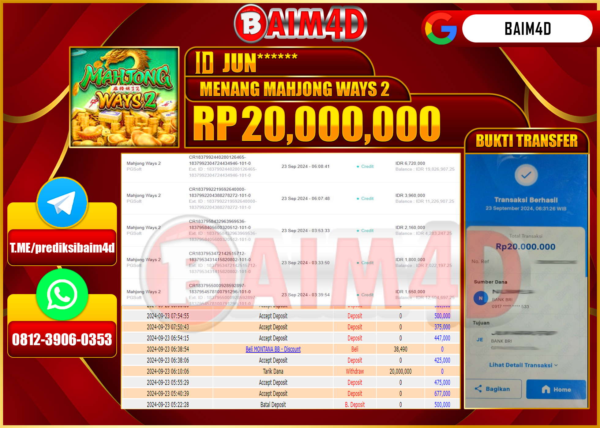 BAIM4D JACKPOT MAHJONG WAYS 2 Rp.20.000,000.- LUNAS
