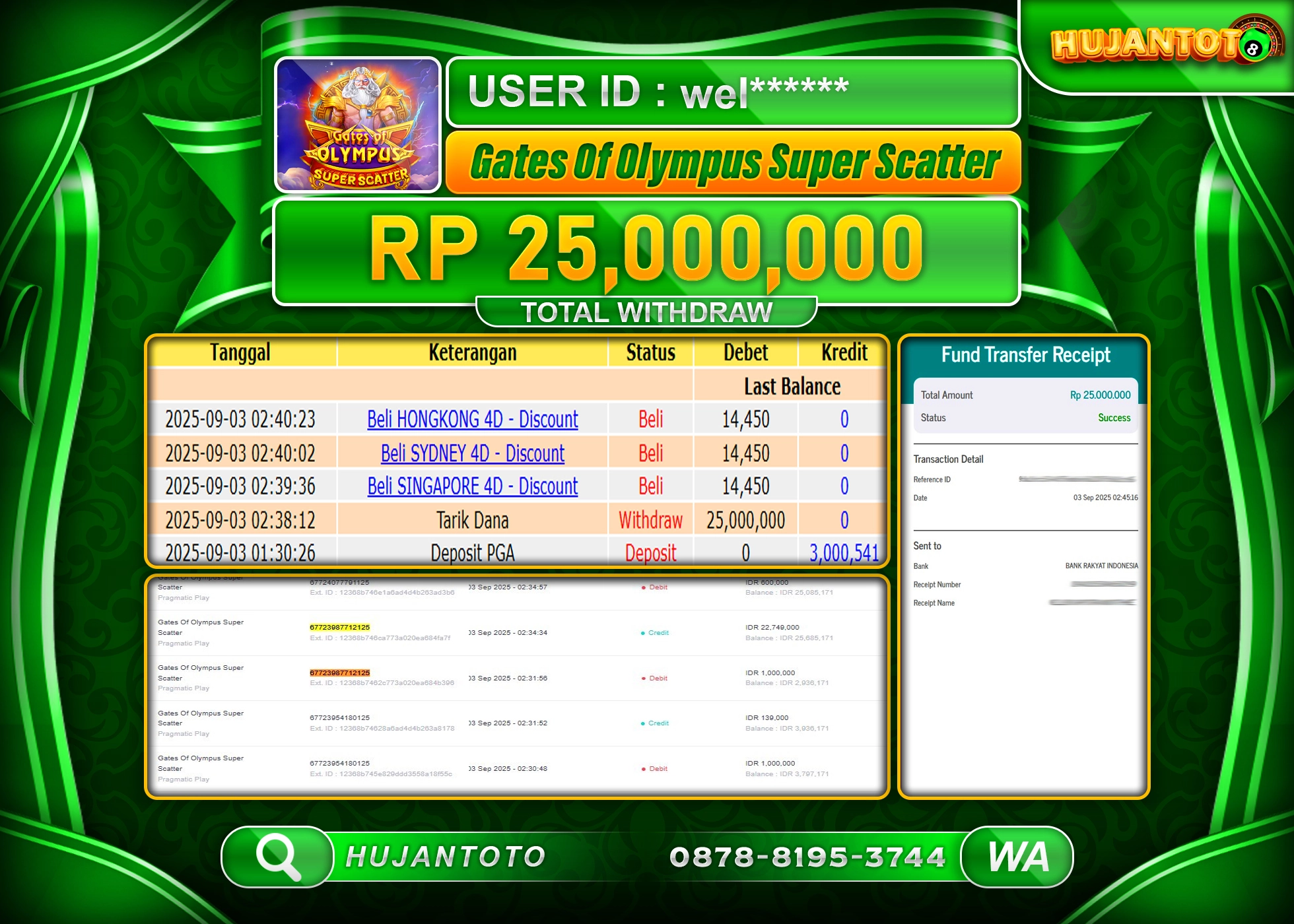 HUJANTOTO - BUKTI JACKPOT MENANG SLOT GATES OF OLYMPUS SUPER SCATTER Rp.25,000,000 - TERBAYAR LUNAS