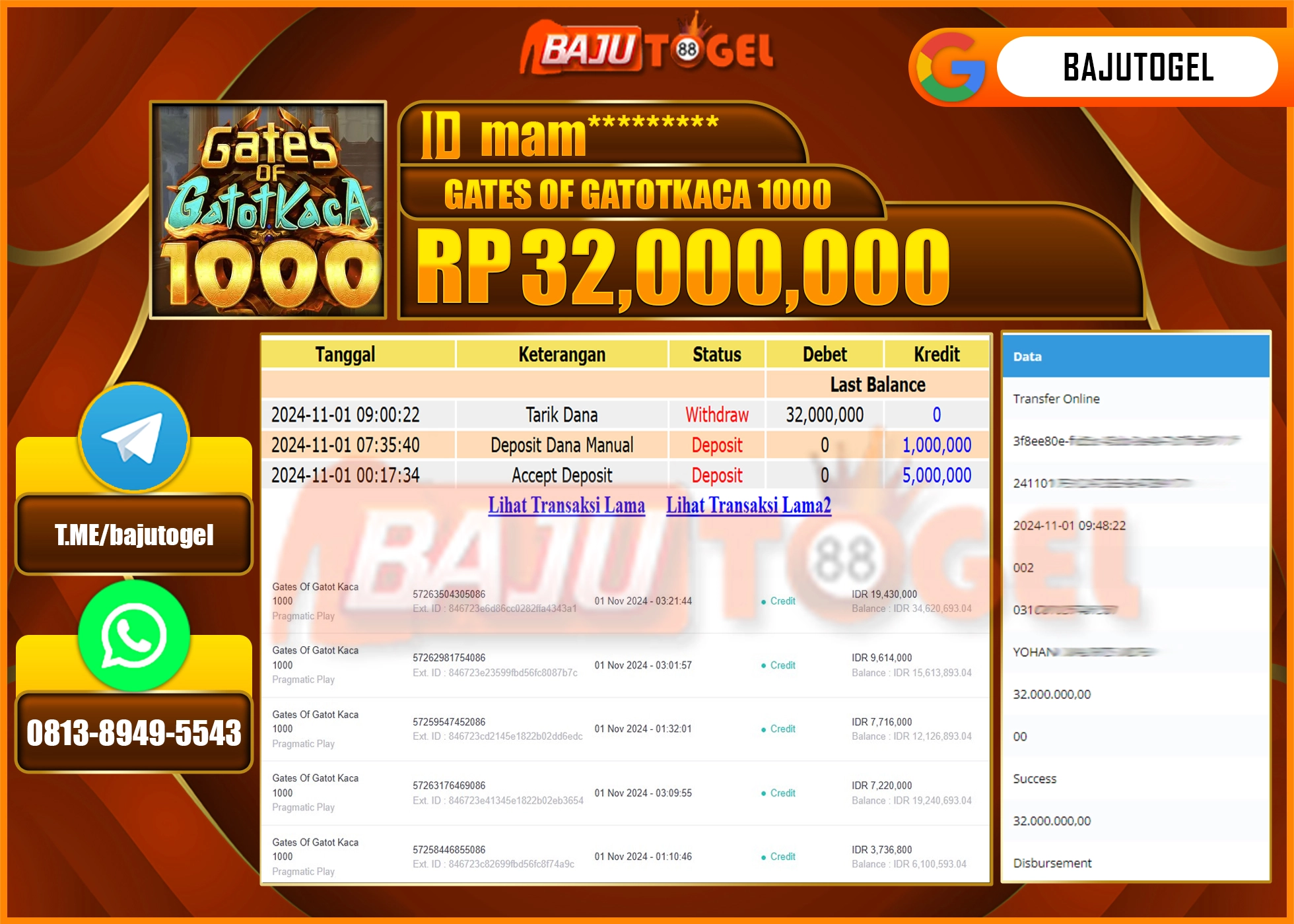 BAJUTOGEL JACKPOT GATES OF GATOTKACA 1000 Rp 32,000,000 LUNAS