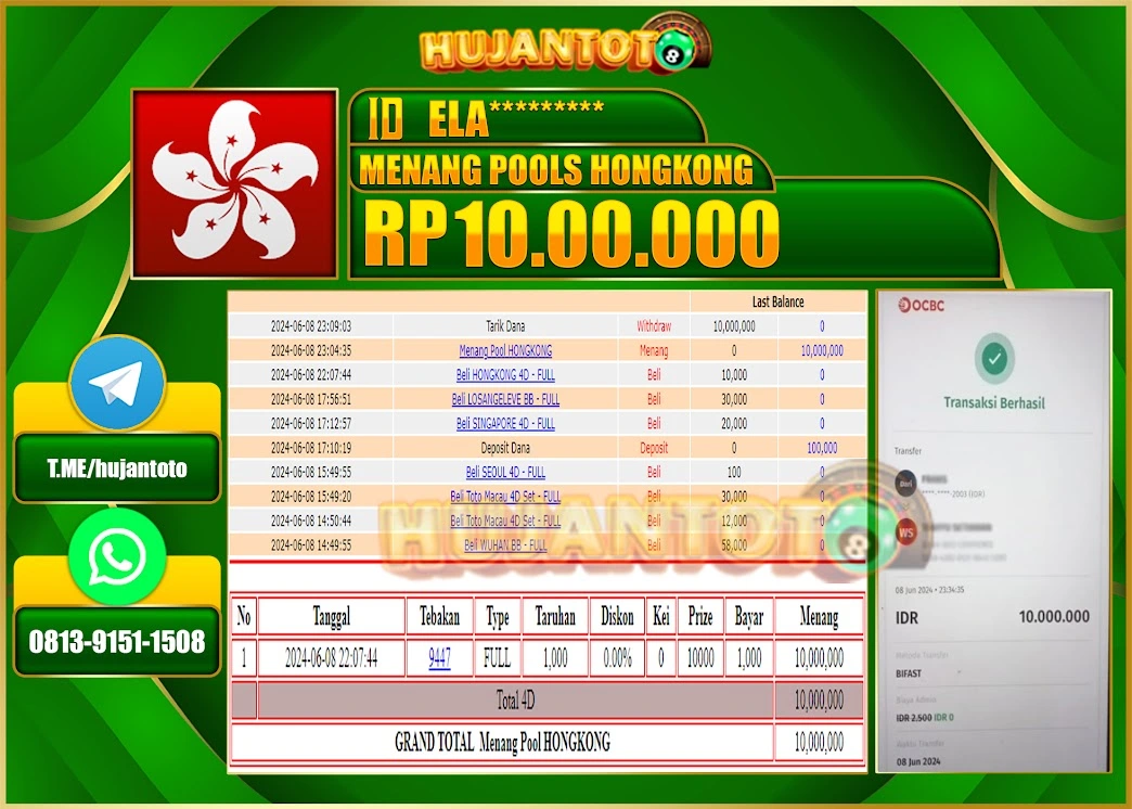 HUJANTOTO MENANG DI HONGKONG POOLS 10.000.000 - LUNAS 