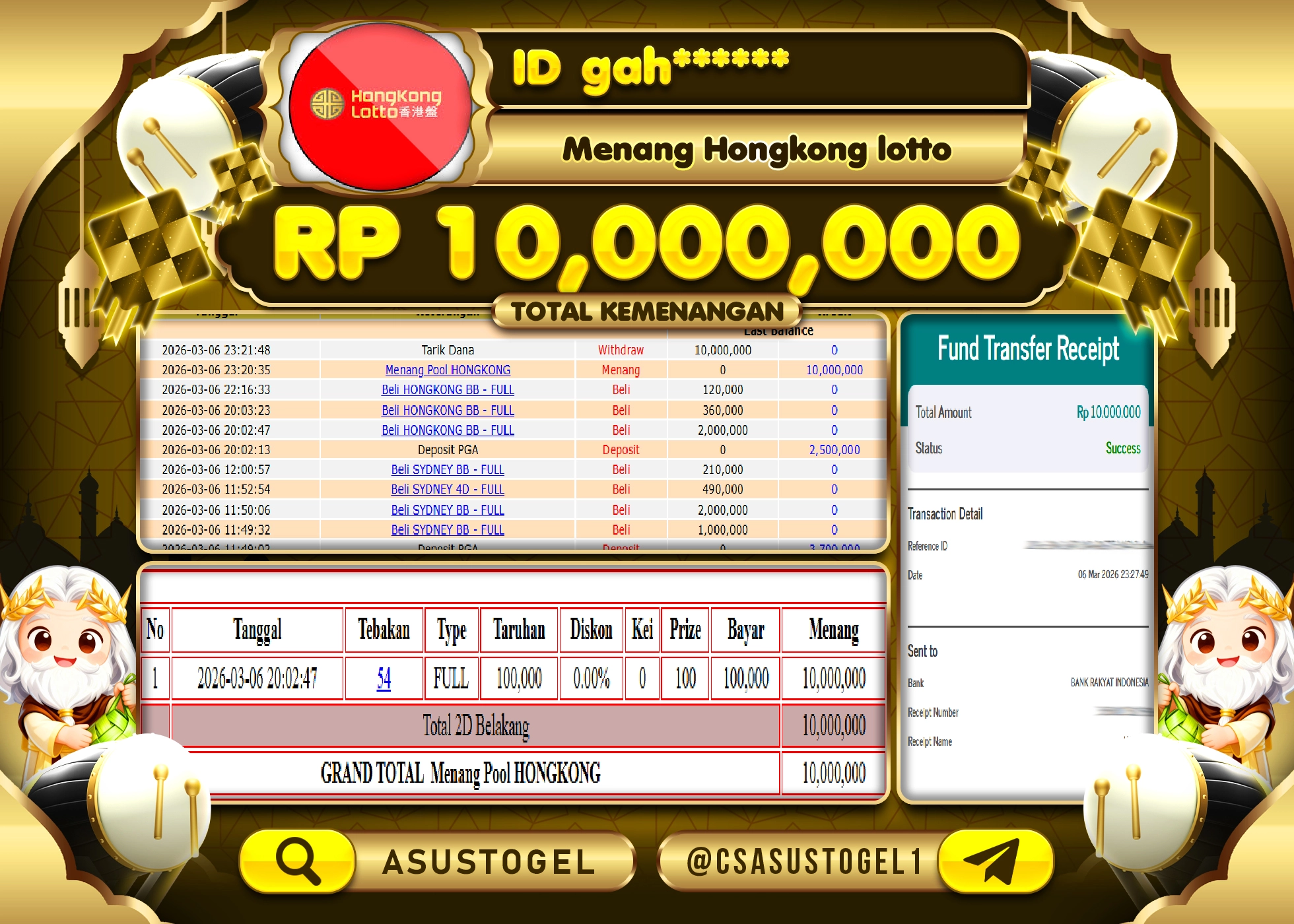 ASUSTOGEL KEMENANGAN DI TOGEL HONGKONG LOTTO SEBESAR 10,000,000 - RUPIAH LUNAS