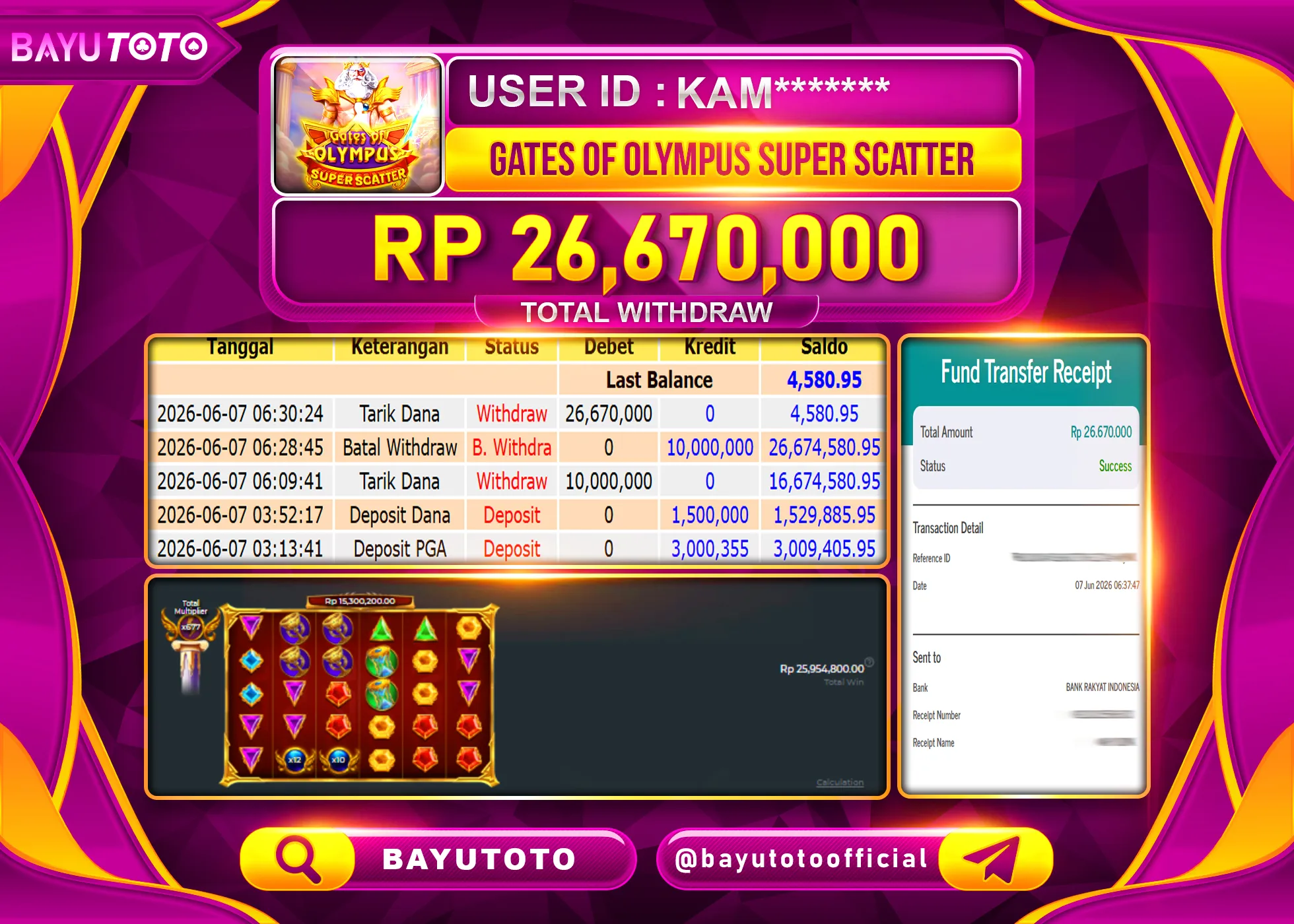 MEMBER SETIA BAYUTOTO JACKPOT DI SLOT GATES OF OLYMPUS SUPER SCATTER Rp. 26,670,000 LUNAS