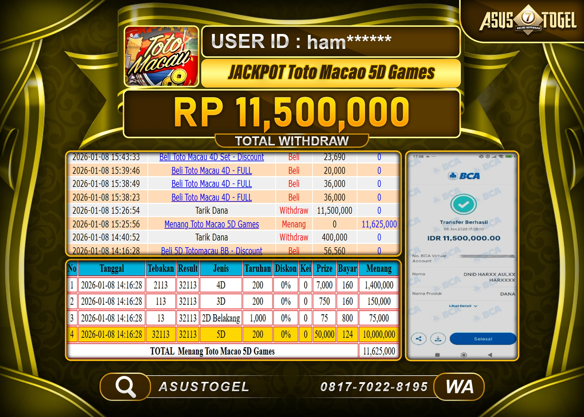 ASUSTOGEL KEMENANGAN DI TOGEL TOTO MACAU 5D SEBESAR 11,500,000 - RUPIAH LUNAS