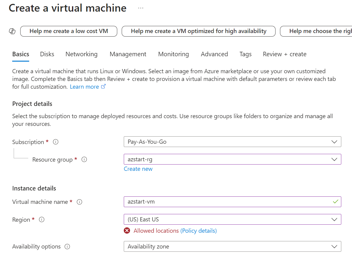 Create a virtual machine - Allowd locations policy