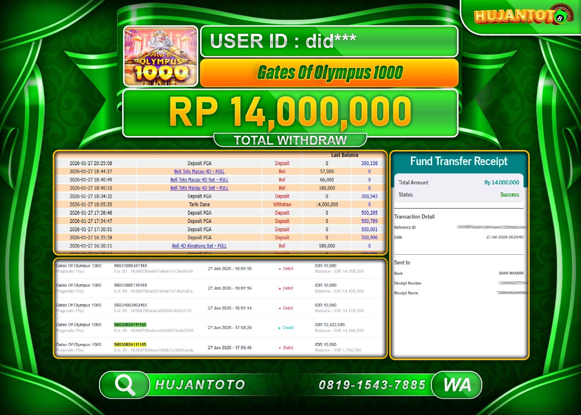 HUJANTOTO - BUKTI JACKPOT MENANG SLOT GATES OF OLYMPUS 1000 Rp.14,000,000 - TERBAYAR LUNAS