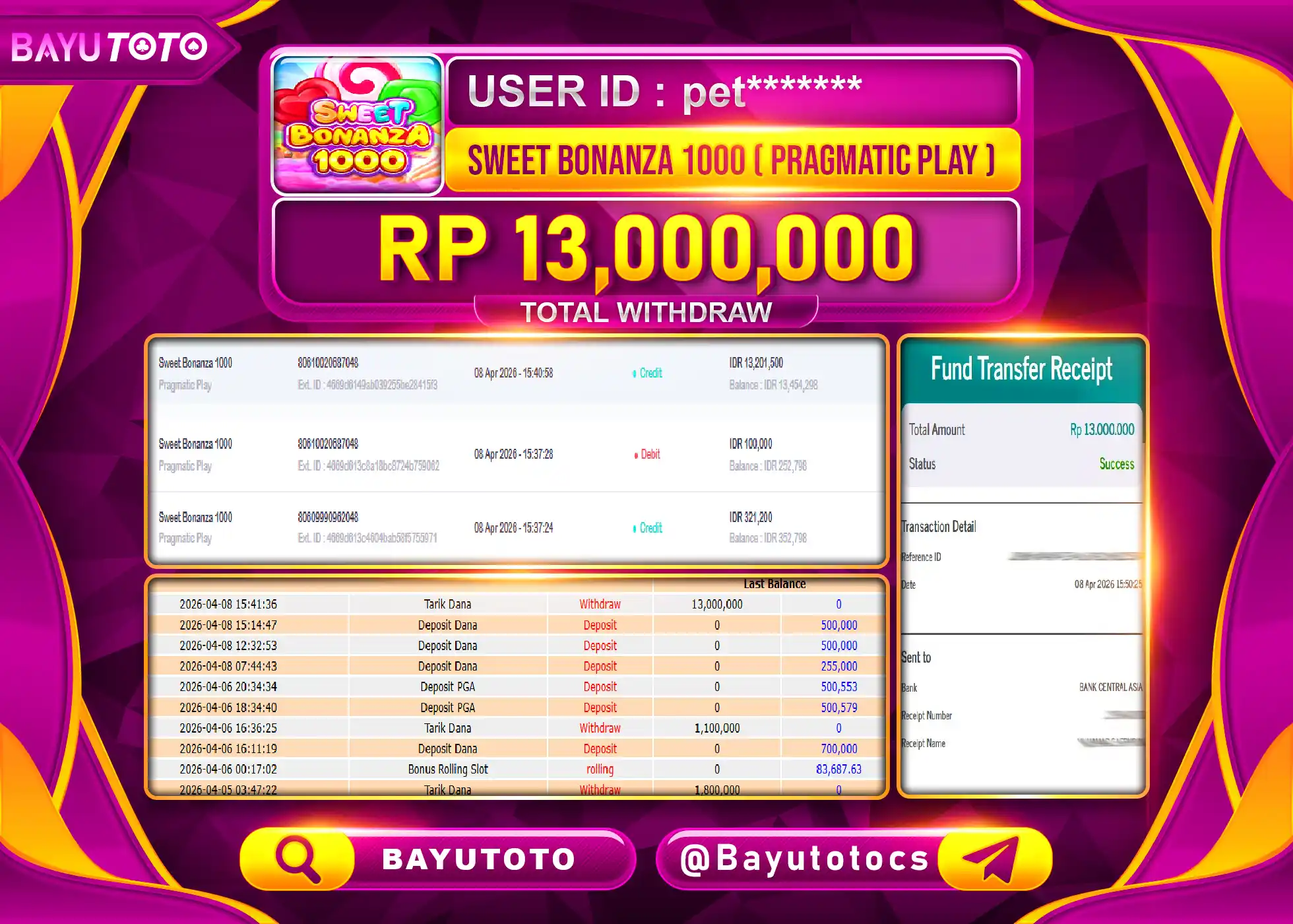 SELAMAT MEMBER SETIA BAYUTOTO JACKPOT DI SLOT SWEET BONANZA 1000 Rp. 13,000,000 LUNAS