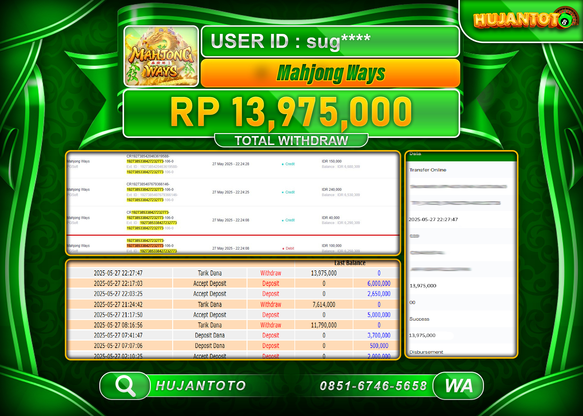 HUJANTOTO - BUKTI JACKPOT MENANG SLOT MAHJONG WAYS Rp.13,975,000 - TERBAYAR LUNAS
