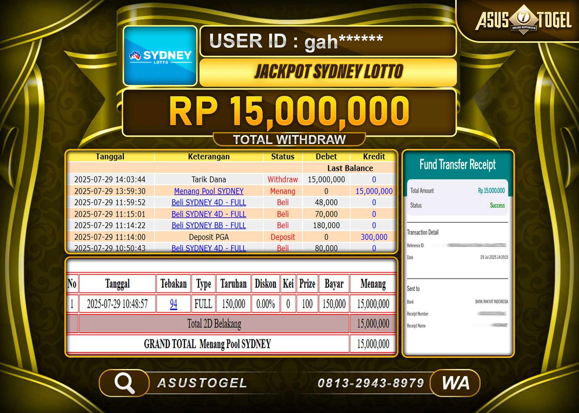 ASUSTOGEL KEMENANGAN DI TOGEL SYDNEY LOTTO SEBESAR 15,000,000- RUPIAH LUNAS