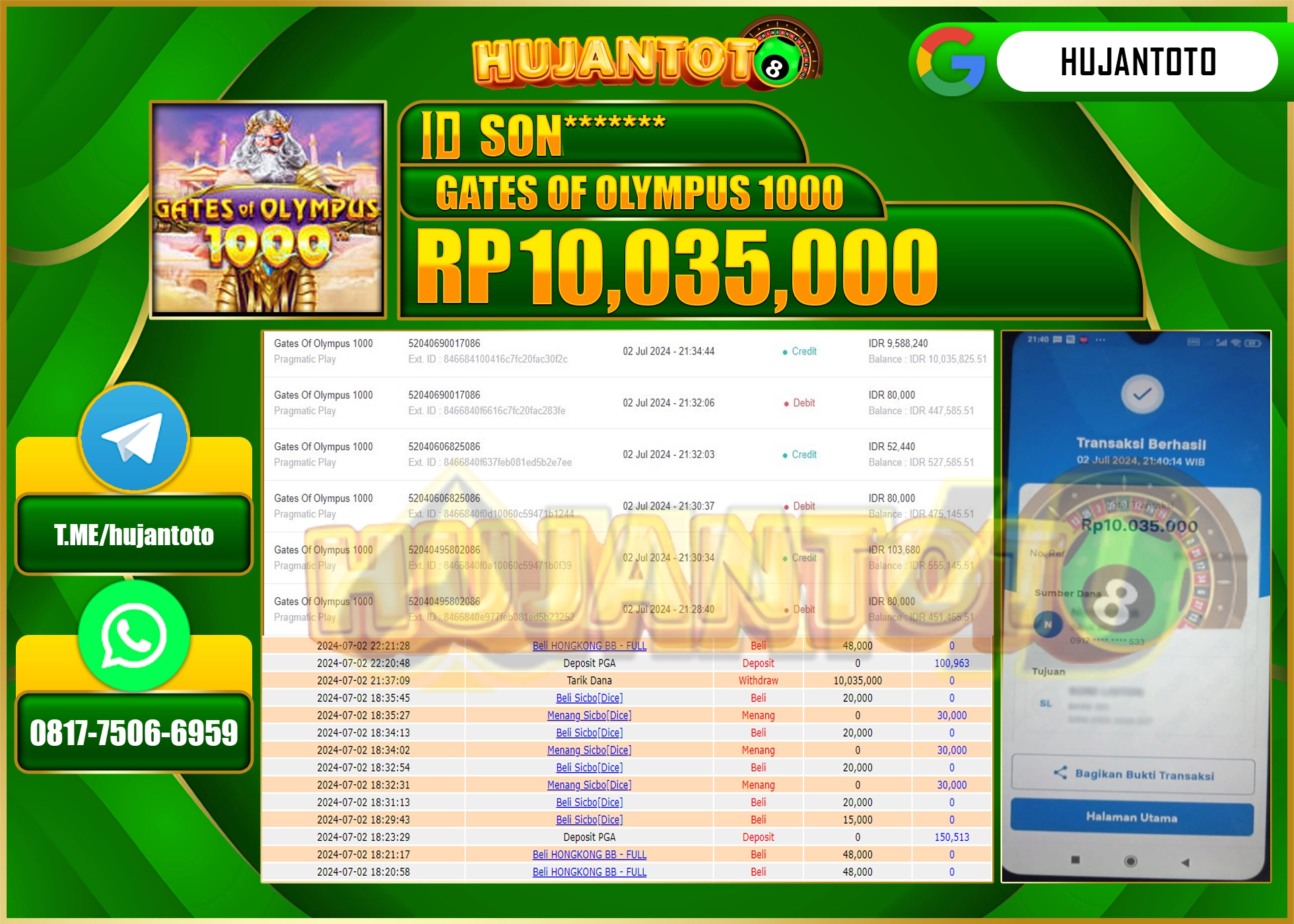 HUJANTOTO MENANG SLOT GATES OF OLYMPUS 1000, 10,035,000 - LUNAS 