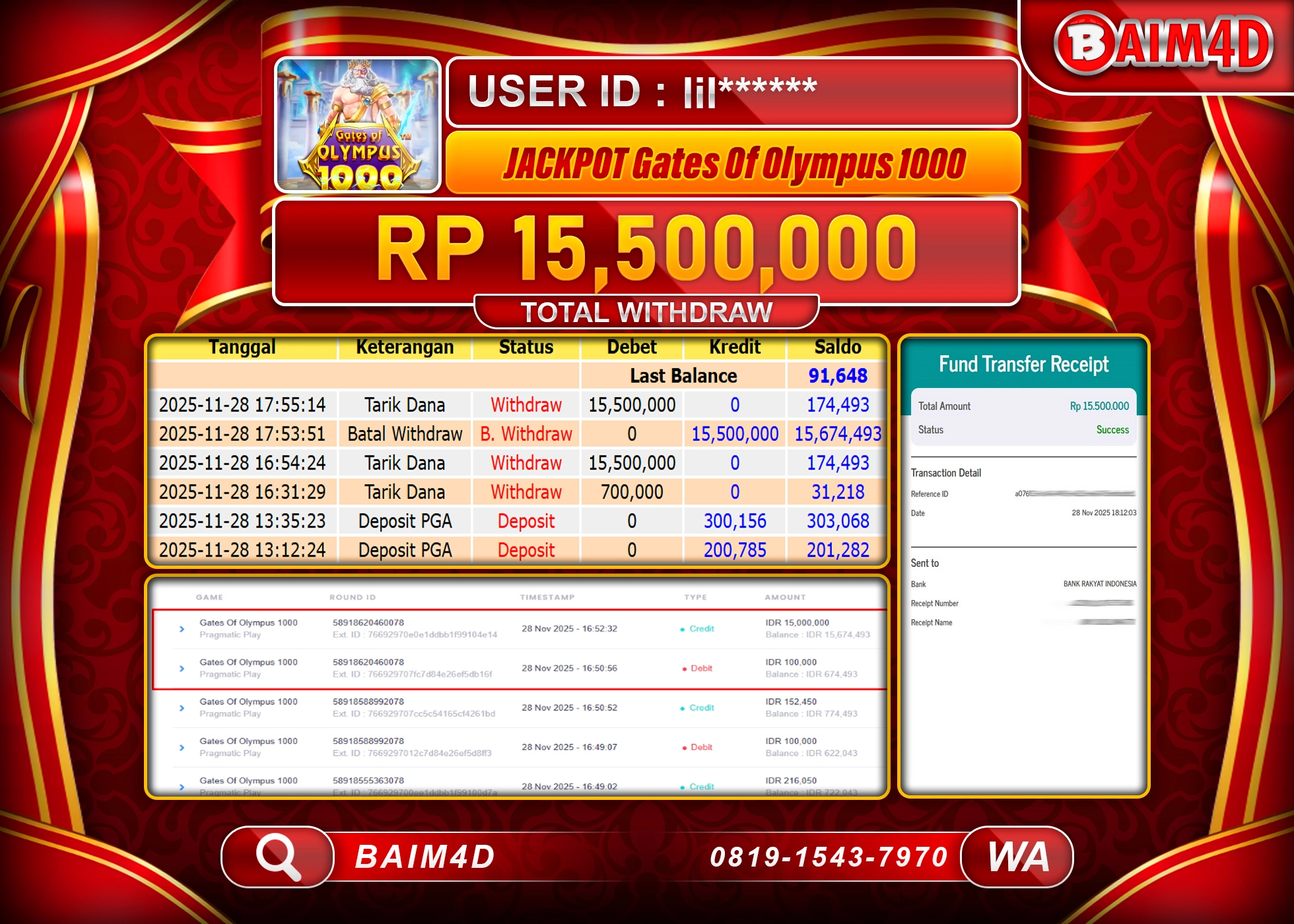 BAIM4D JACKPOT SLOT GATES OF OLYMPUS 1000 Rp.15,500,000 - LUNAS