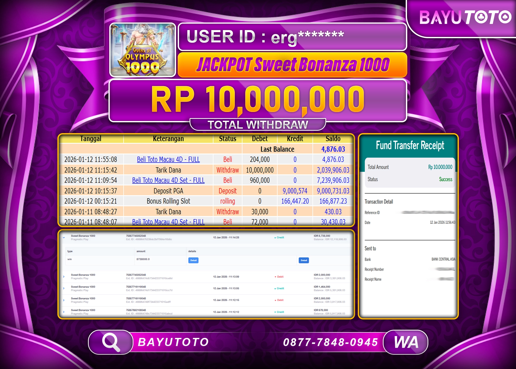 SELAMAT MEMBER SETIA BAYUTOTO JACKPOT SLOT  SWEET BONANZA 1000  Rp. 10,000,000 LUNAS