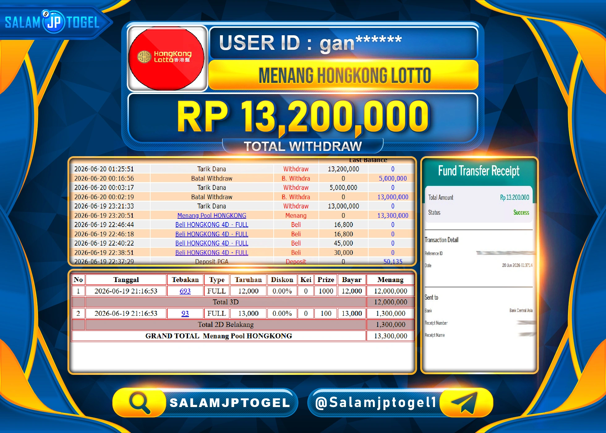 SALAMJPTOGEL JACKPOT MENANG TOGEL HONGKONG LOTTO Rp.13,200,000 - LUNAS