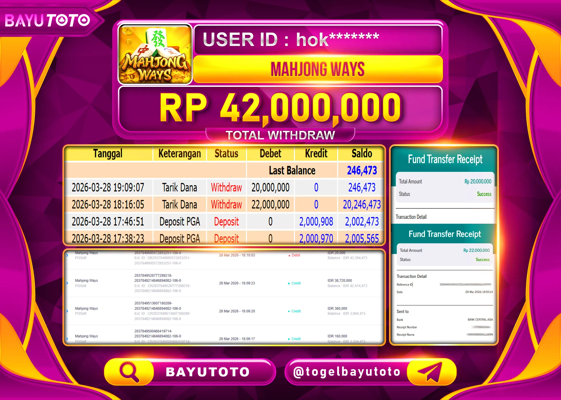 SELAMAT MEMBER SETIA BAYUTOTO JACKPOT DI SLOT MAHJONG WAYS  (PGSOFT) Rp. 42,000,000 LUNAS