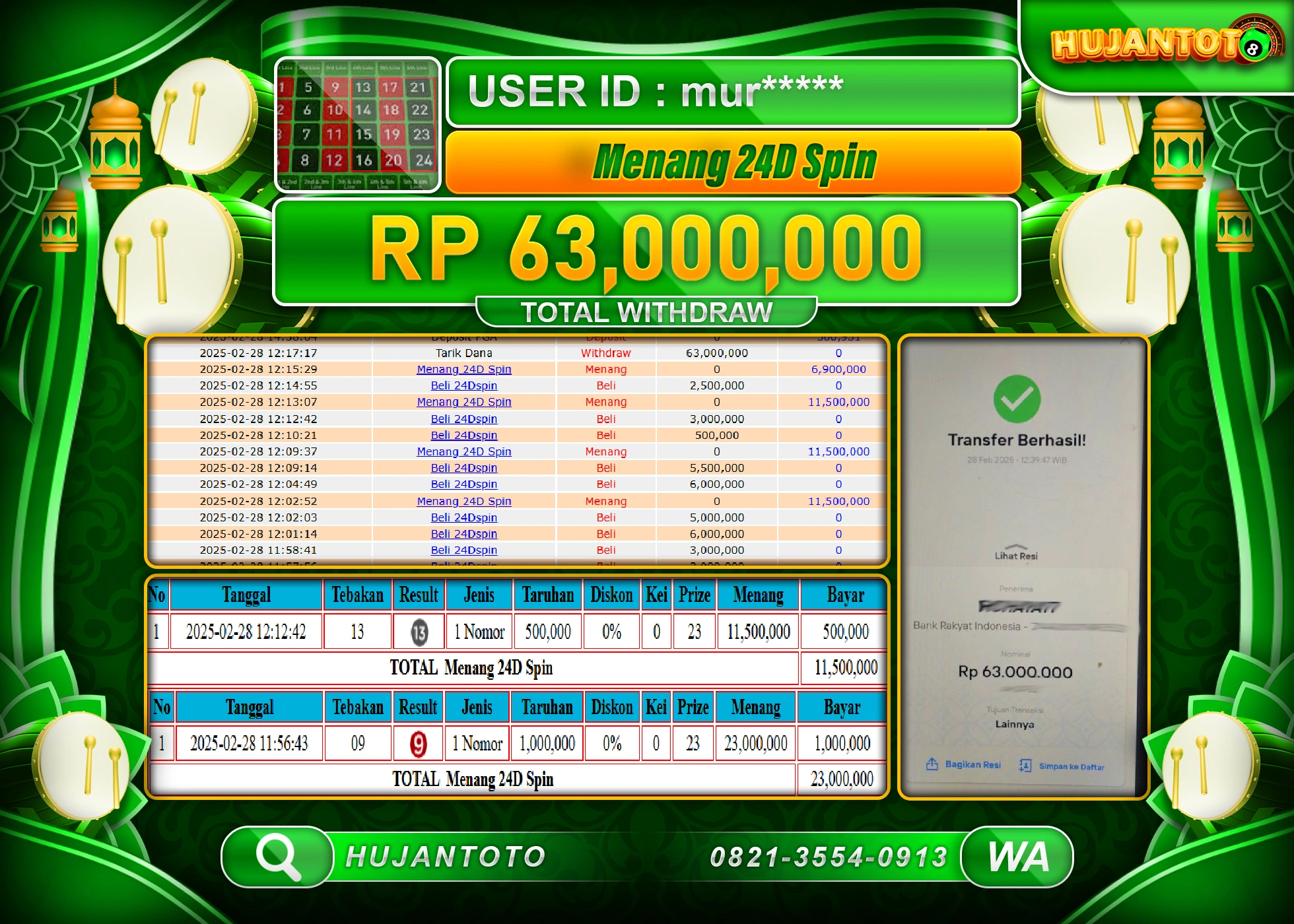 HUJANTOTO - BUKTI JACKPOT MENANG LIVE GAME 24D SPIN, Rp, 63,000,000 - TERBAYAR LUNAS