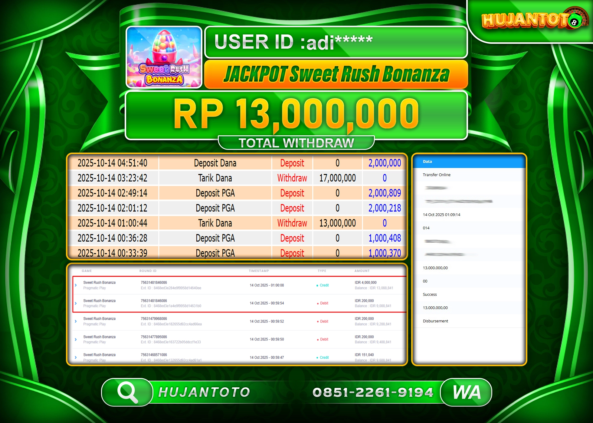 HUJANTOTO - BUKTI JACKPOT MENANG SLOT SWEET RUSH BONANZA Rp.13,000,000 - TERBAYAR LUNAS