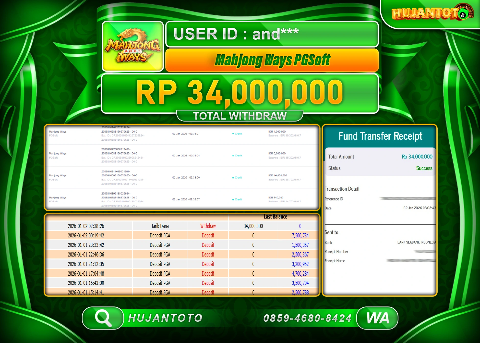 HUJANTOTO - BUKTI JACKPOT MENANG SLOT MAHJONG WAYS Rp.34,000,000 - TERBAYAR LUNAS