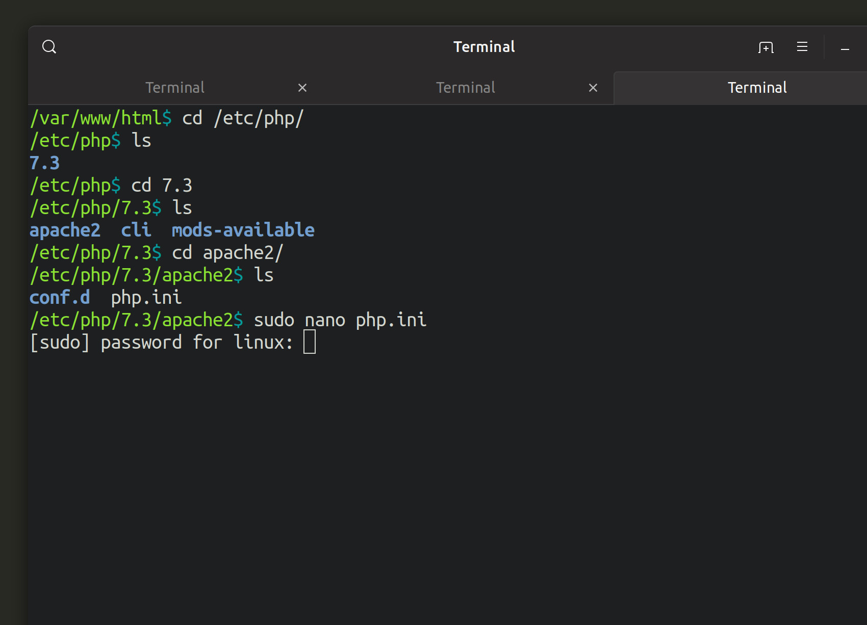Screenshot of a UNIX terminal editing the php.ini file with nano