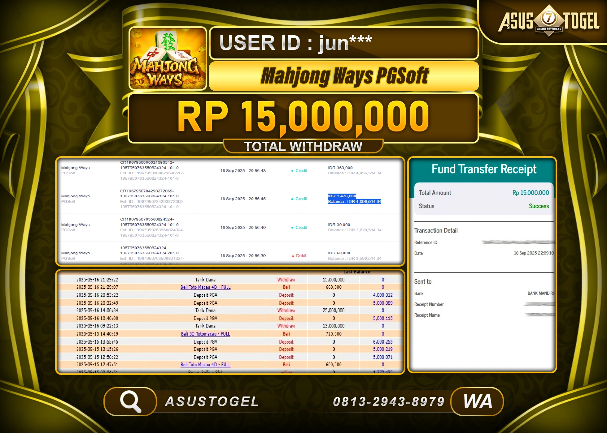 ASUSTOGEL KEMENANGAN DI SLOT MAHJONG WAYS SEBESAR 15,000,000- RUPIAH LUNAS