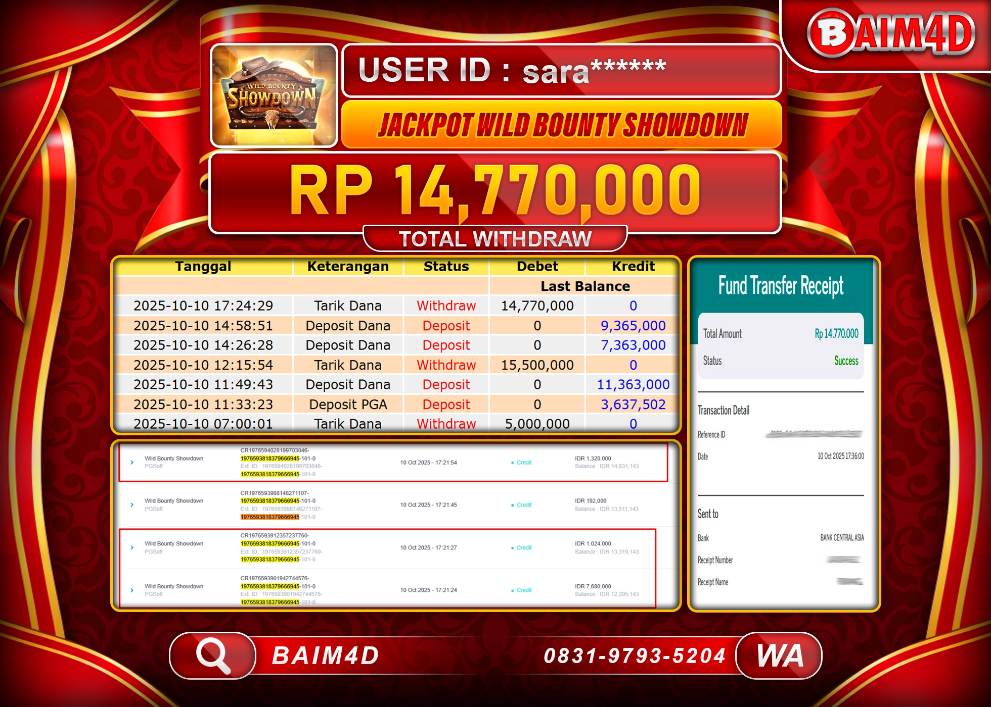 BAIM4D JACKPOT SLOT WILD BOUNTY SHOWDOWN  Rp.14,770,000.- LUNAS